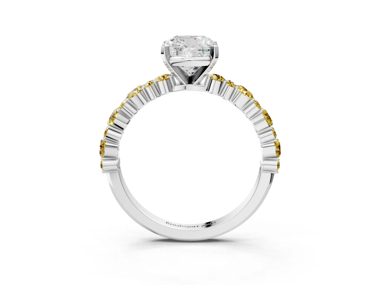 Cushion Cut Diamond Side Stone Solitaire Ring with Round Yellow Sapphire and Four-Prong Setting Platinum