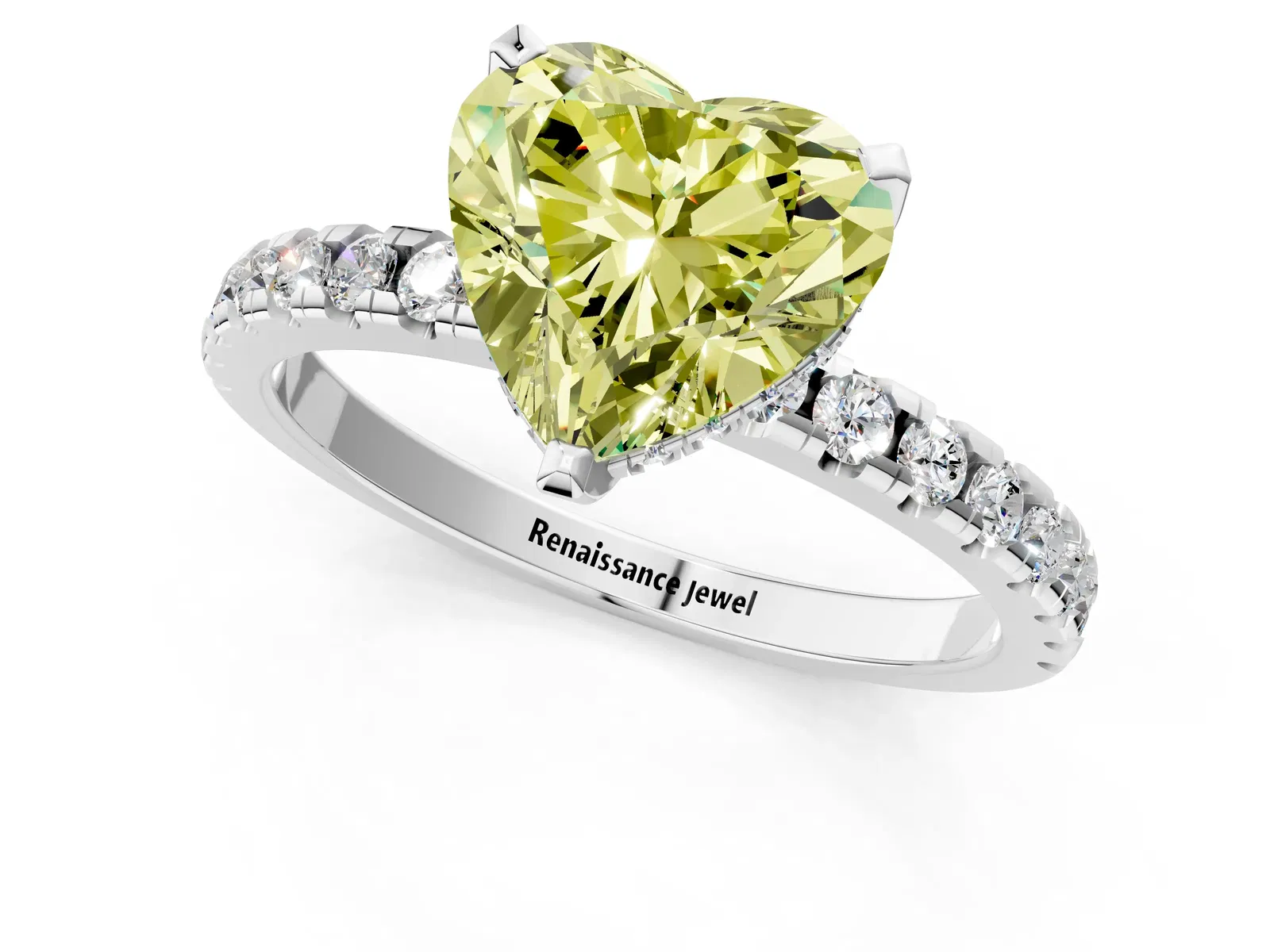 Fancy Yellow Heart Cut Diamond Solitaire Ring with Round Pavé Band and Four-Prong Setting Platinum