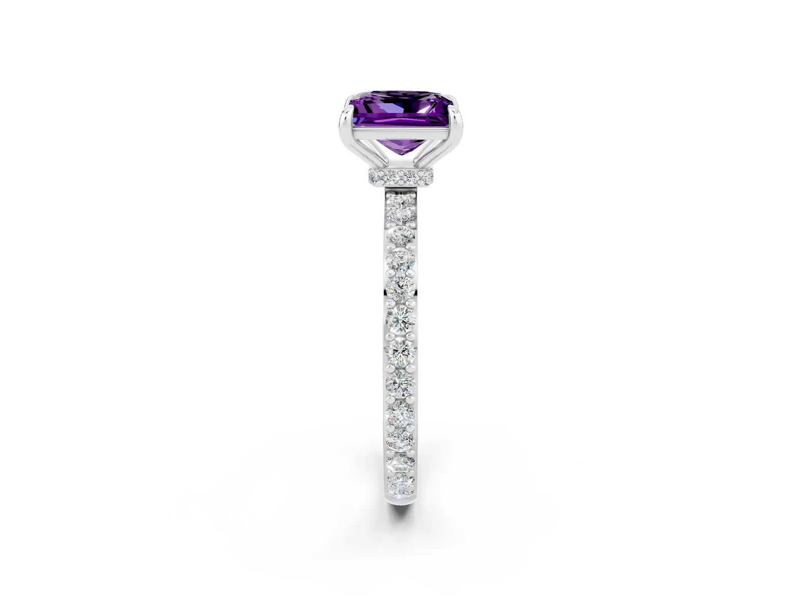 Princess Cut Amethyst Solitaire Engagement Ring with Pavé Band and Four-Prong Setting Platinum