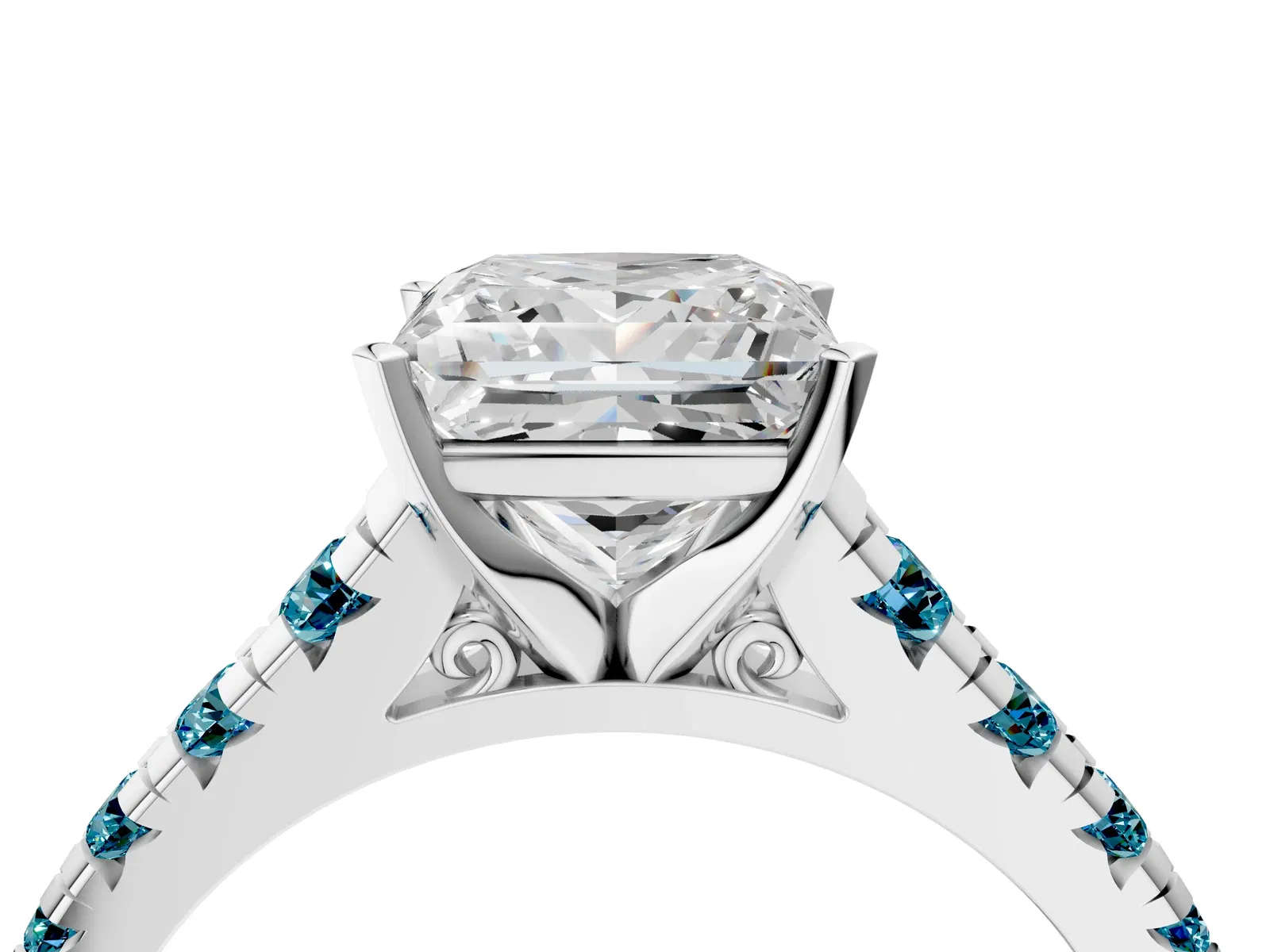 Princess Cut Diamond Cathedral Solitaire Ring with Round Blue Topaz Pavé Band Platinum