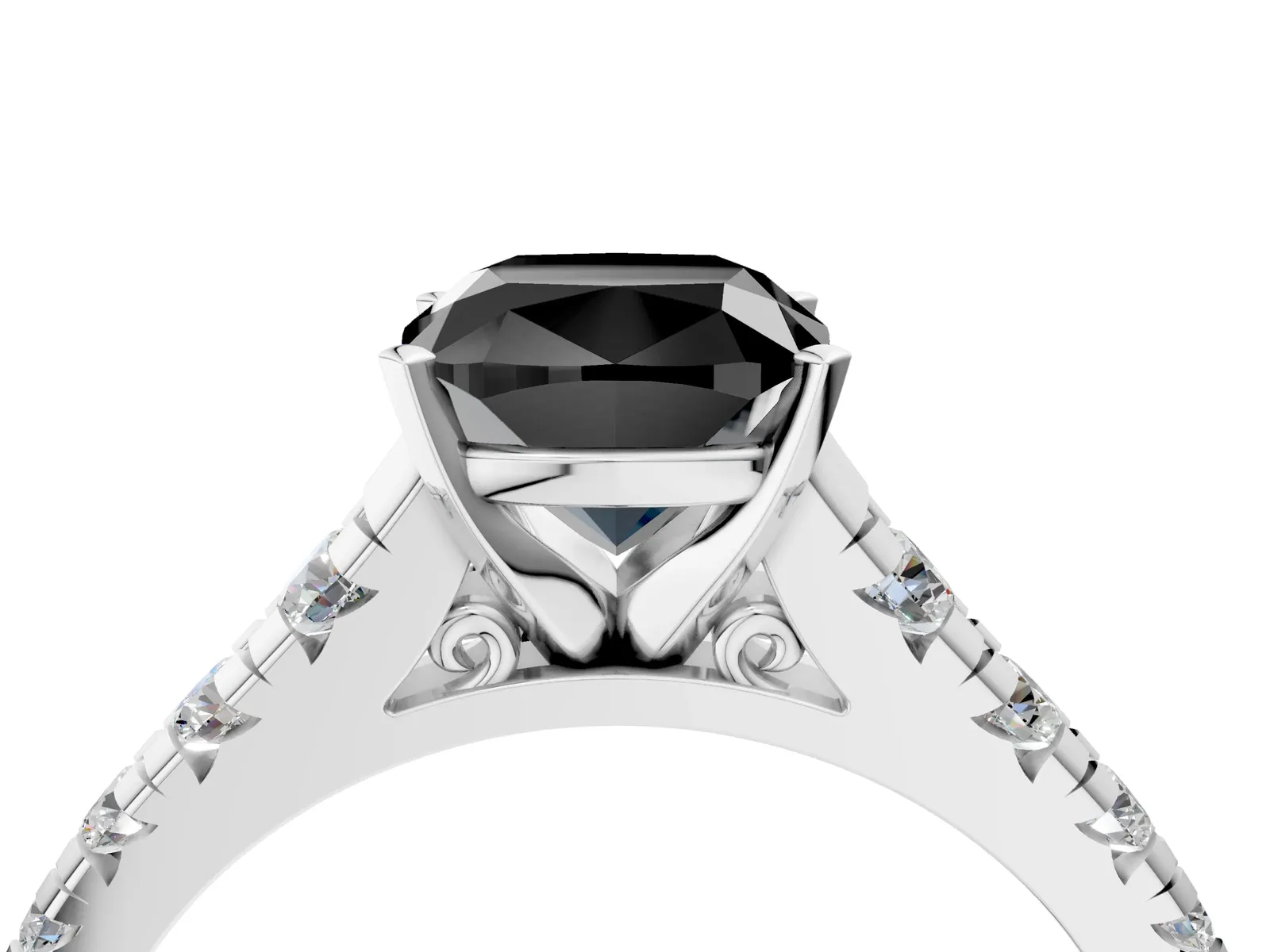 Fancy Black Cushion Cut Diamond Cathedral Solitaire Ring with Round Pavé Band Platinum