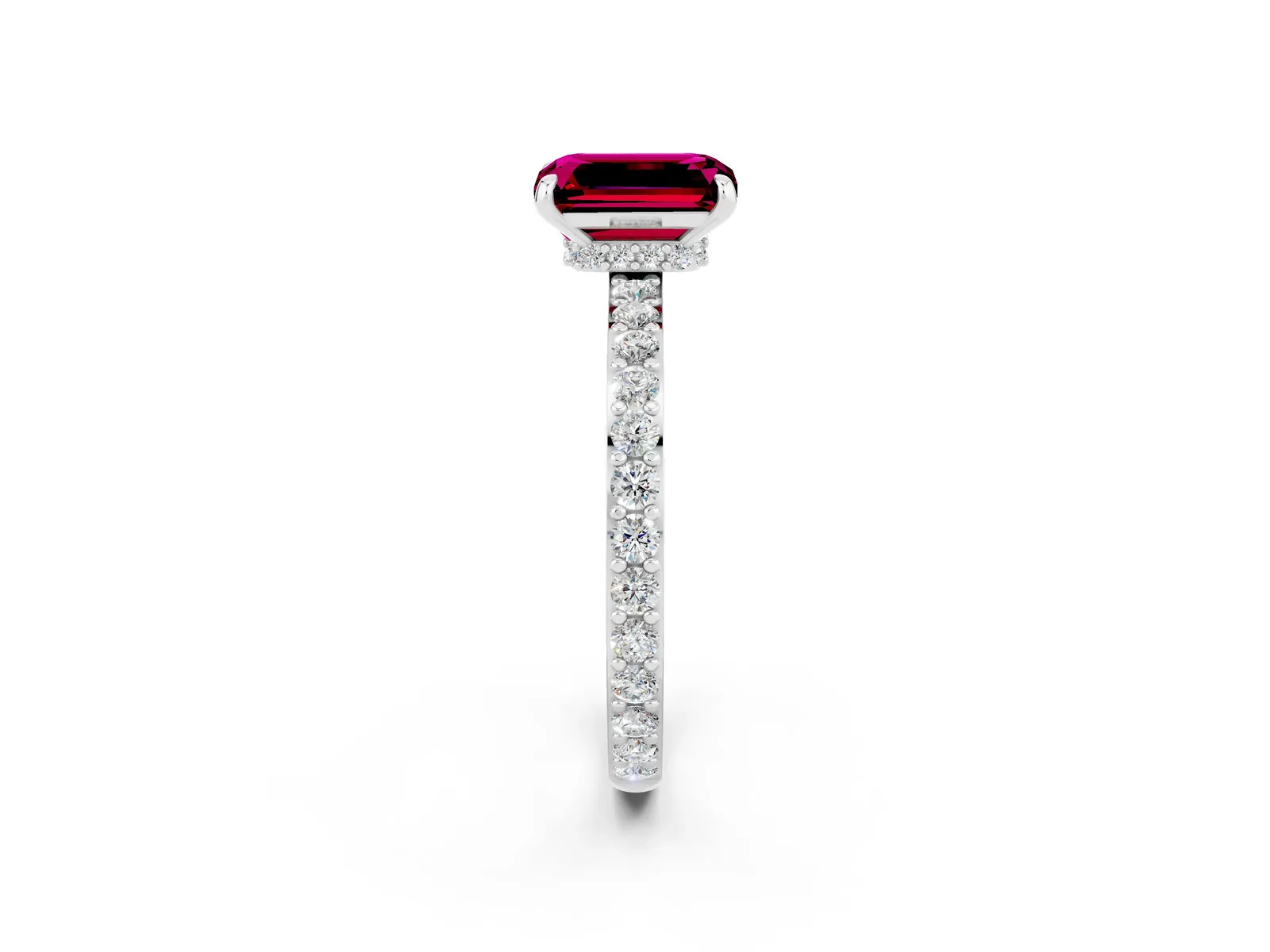 Emerald Cut Garnet Solitaire Engagement Ring with Pavé Band and Four-Prong Setting Platinum