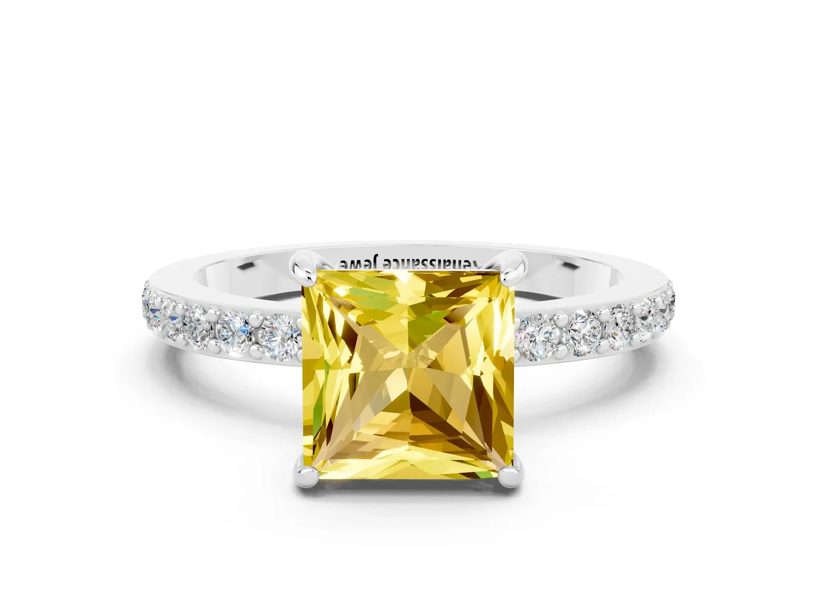 Princess Cut Yellow Sapphire Solitaire Engagement Ring with Pavé Band and Four-Prong Setting Platinum
