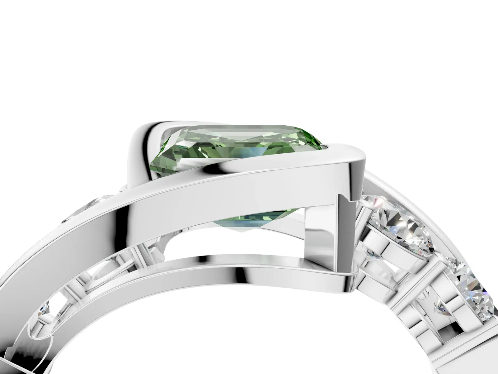 Fancy Green Bezel Set Asscher Cut Diamond Bypass Ring with Round Accents Platinum