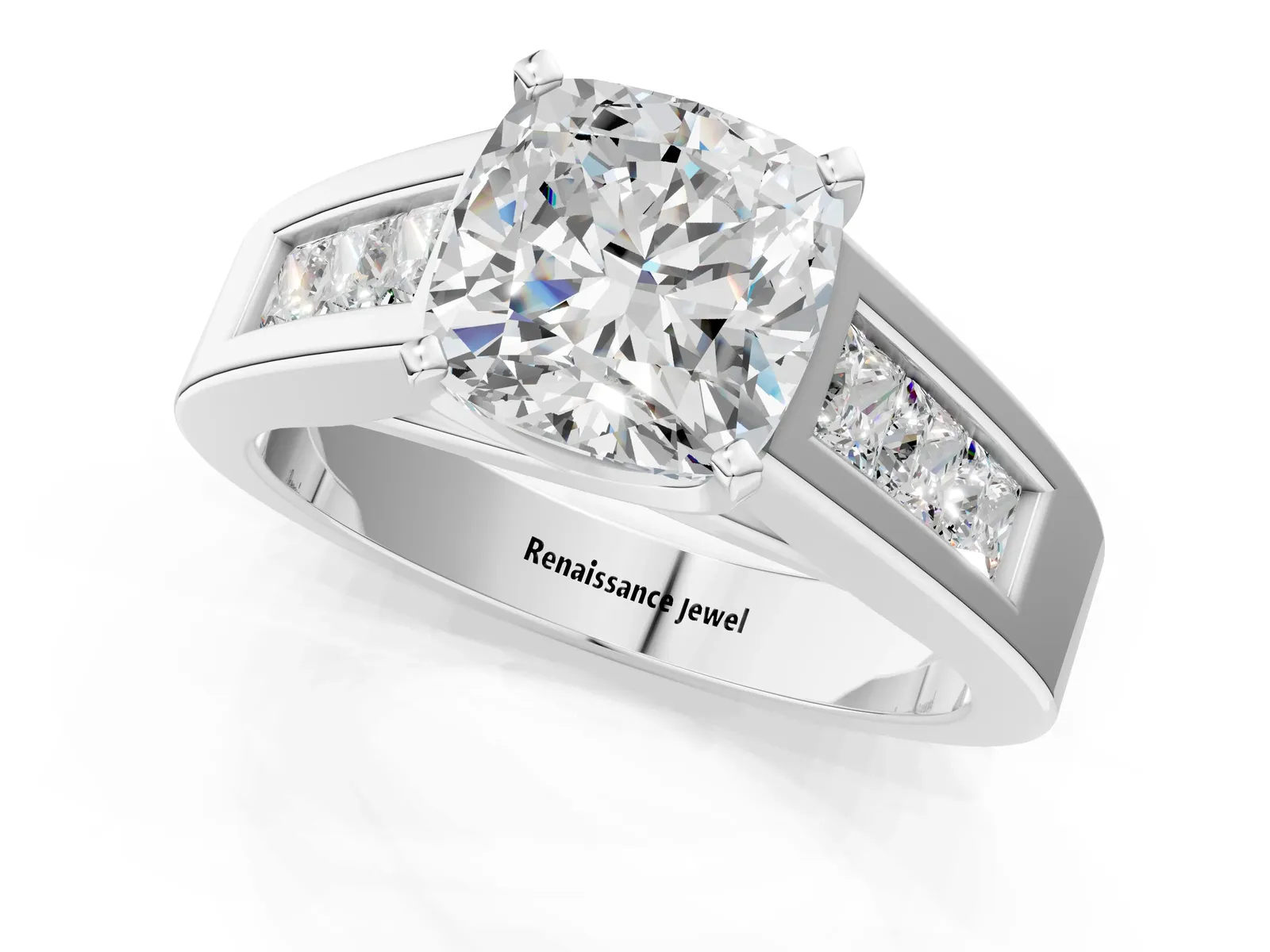 Cushion Cut Cut Channel Set Solitaire Ring with Four-Prong Setting Platinum