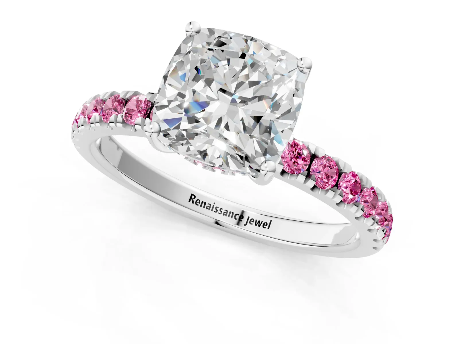 Cushion Cut Diamond Pave Band Solitaire Ring with Round Pink Sapphire and Prong Setting Platinum