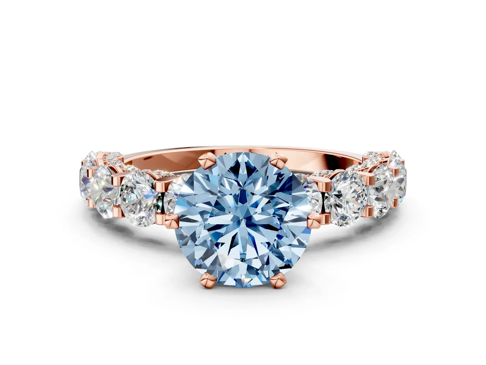Fancy Blue Round Cut Diamond Side Stone Engagement Ring with Four-Prong Setting Rose gold