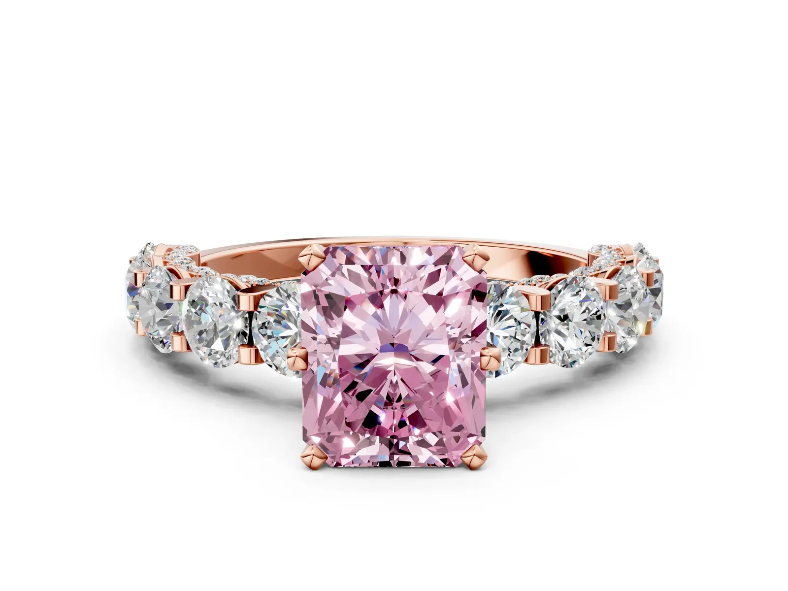 Fancy Pink Radiant Cut Diamond Side Stone Engagement Ring with Four-Prong Setting Rose gold