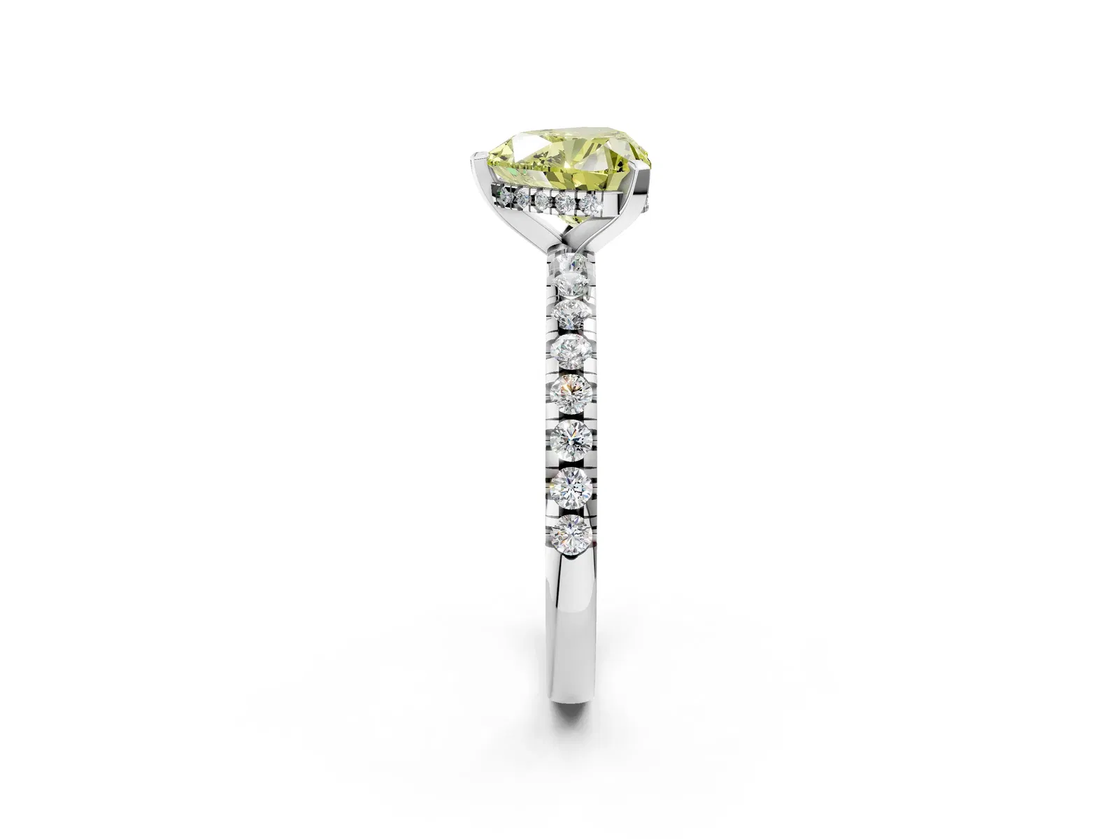 Fancy Yellow Heart Cut Diamond Solitaire Ring with Round Pavé Band and Four-Prong Setting Platinum
