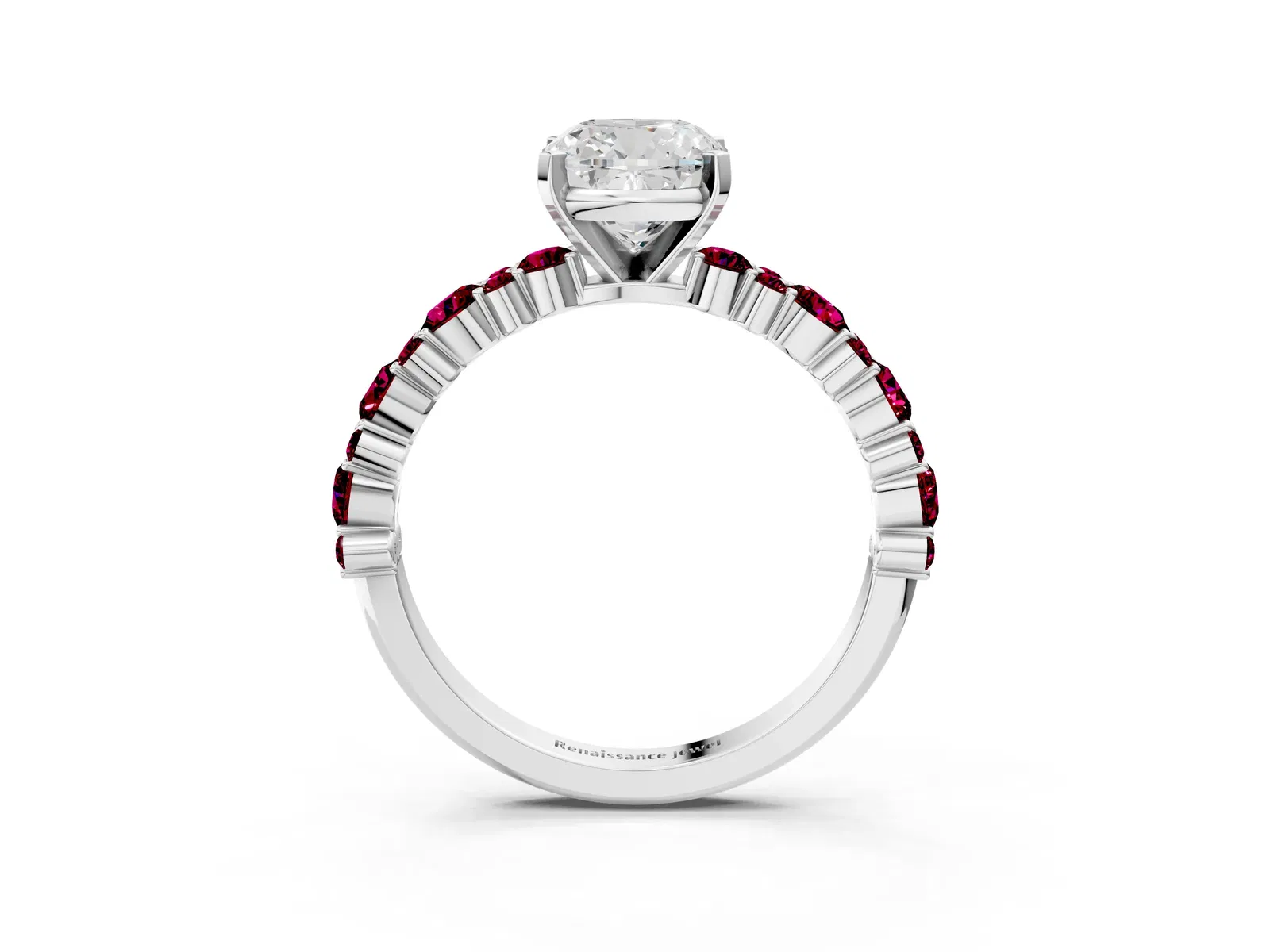 Cushion Cut Diamond Side Stone Solitaire Ring with Round Garnet and Four-Prong Setting Platinum