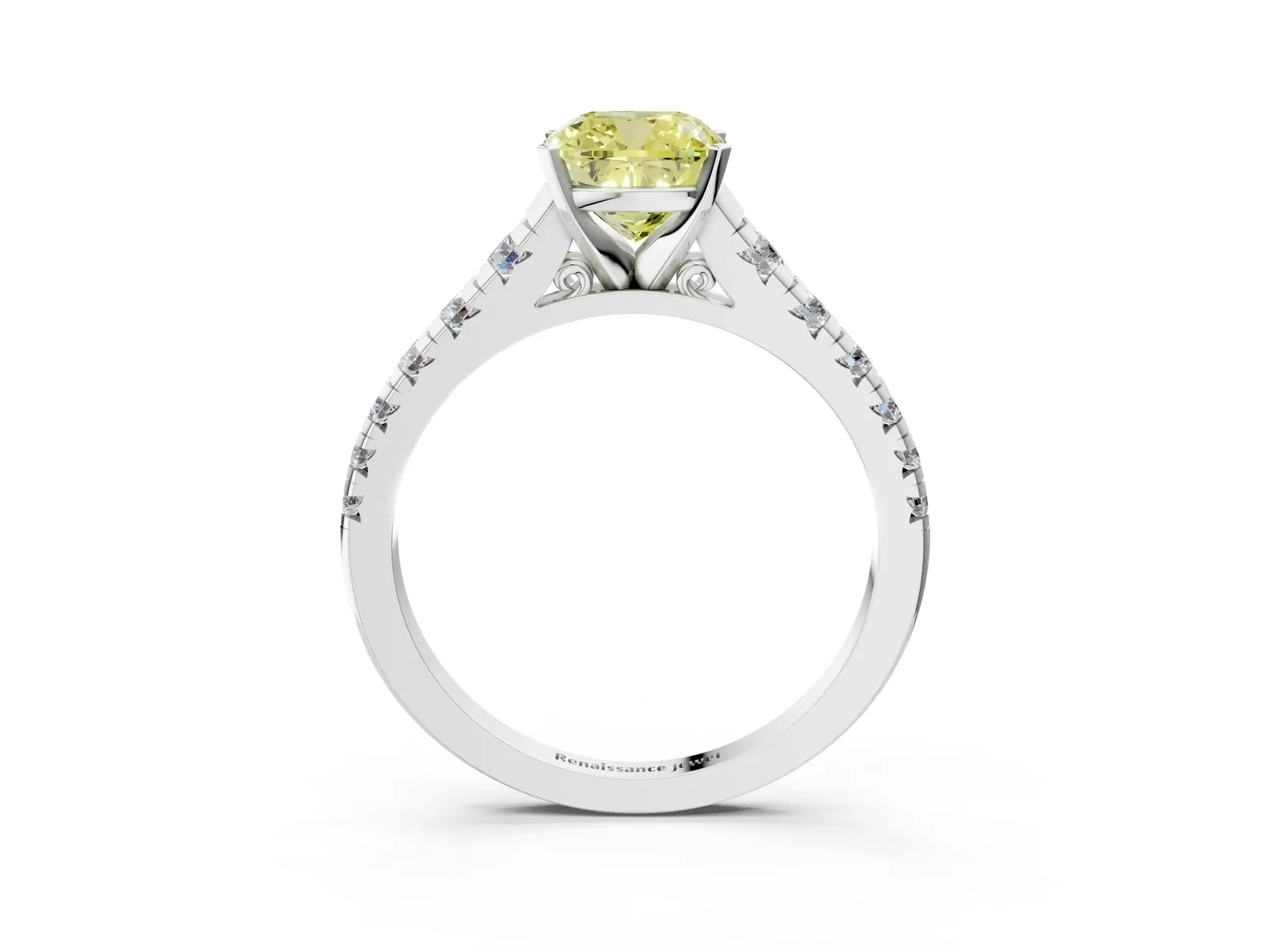 Fancy Yellow Cushion Cut Diamond Cathedral Solitaire Ring with Round Pavé Band Platinum