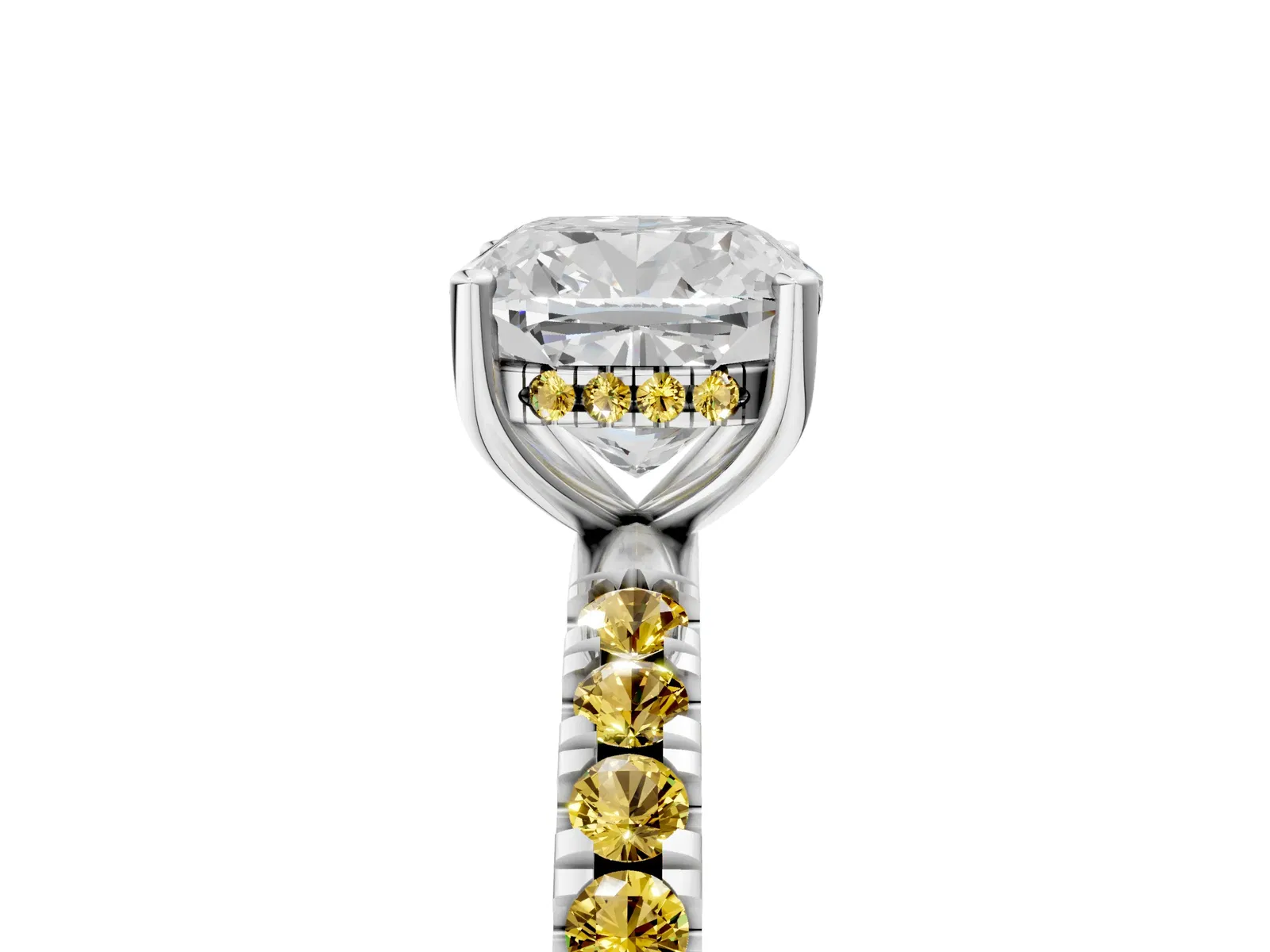 Cushion Cut Diamond Pave Band Solitaire Ring with Round Yellow Sapphire and Prong Setting Platinum