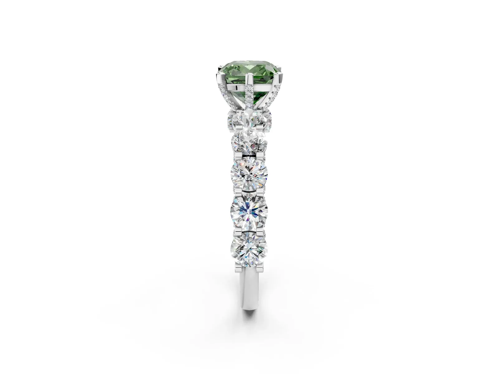 Fancy Green Cushion Cut Diamond Side Stone Engagement Ring with Four-Prong Setting Silver