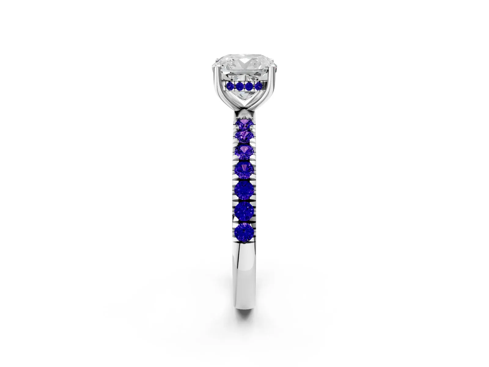 Cushion Cut Diamond Pave Band Solitaire Ring with Round Tanzanite and Prong Setting Platinum