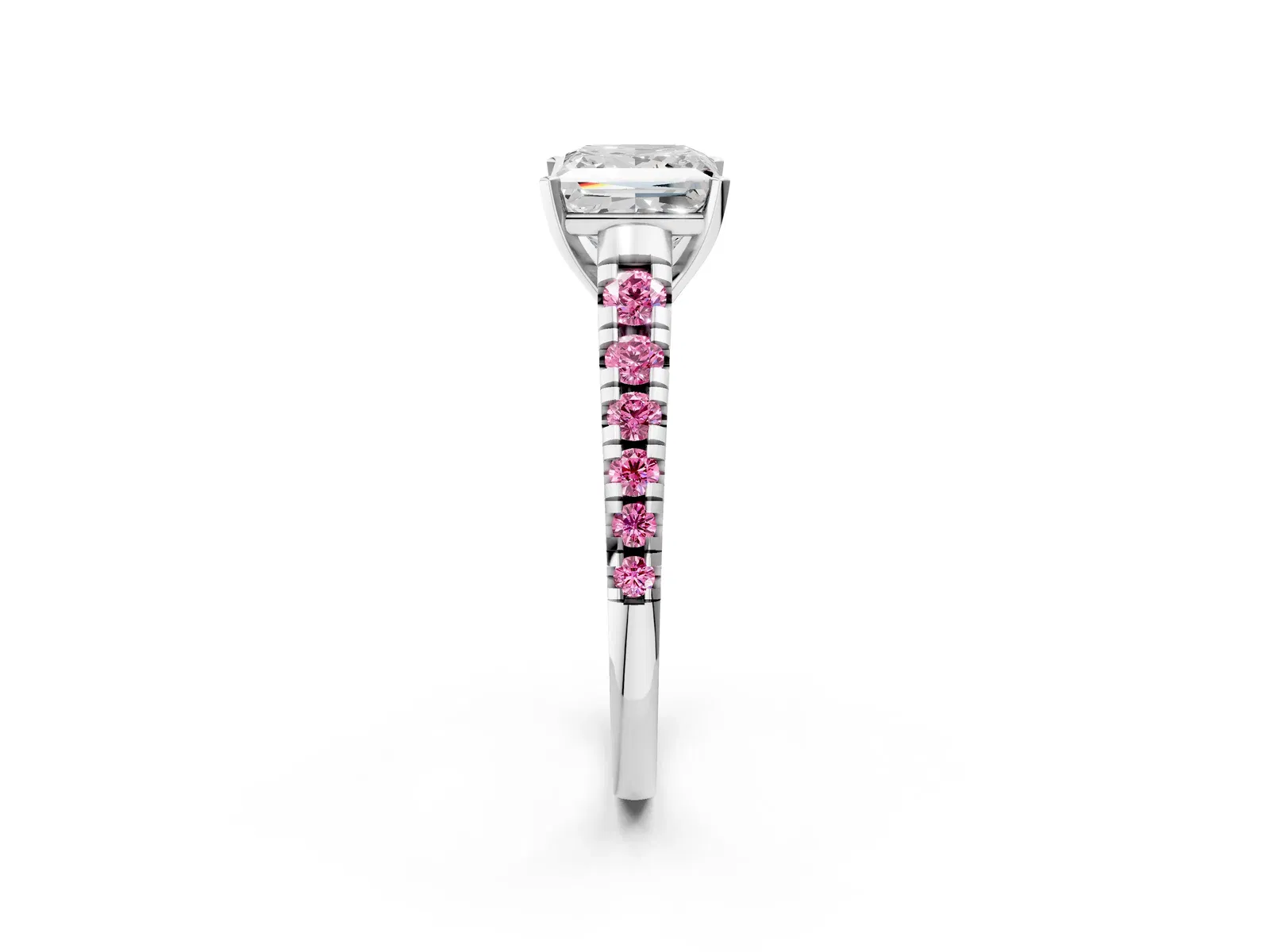 Princess Cut Diamond Cathedral Solitaire Ring with Round Pink Sapphire Pavé Band Platinum