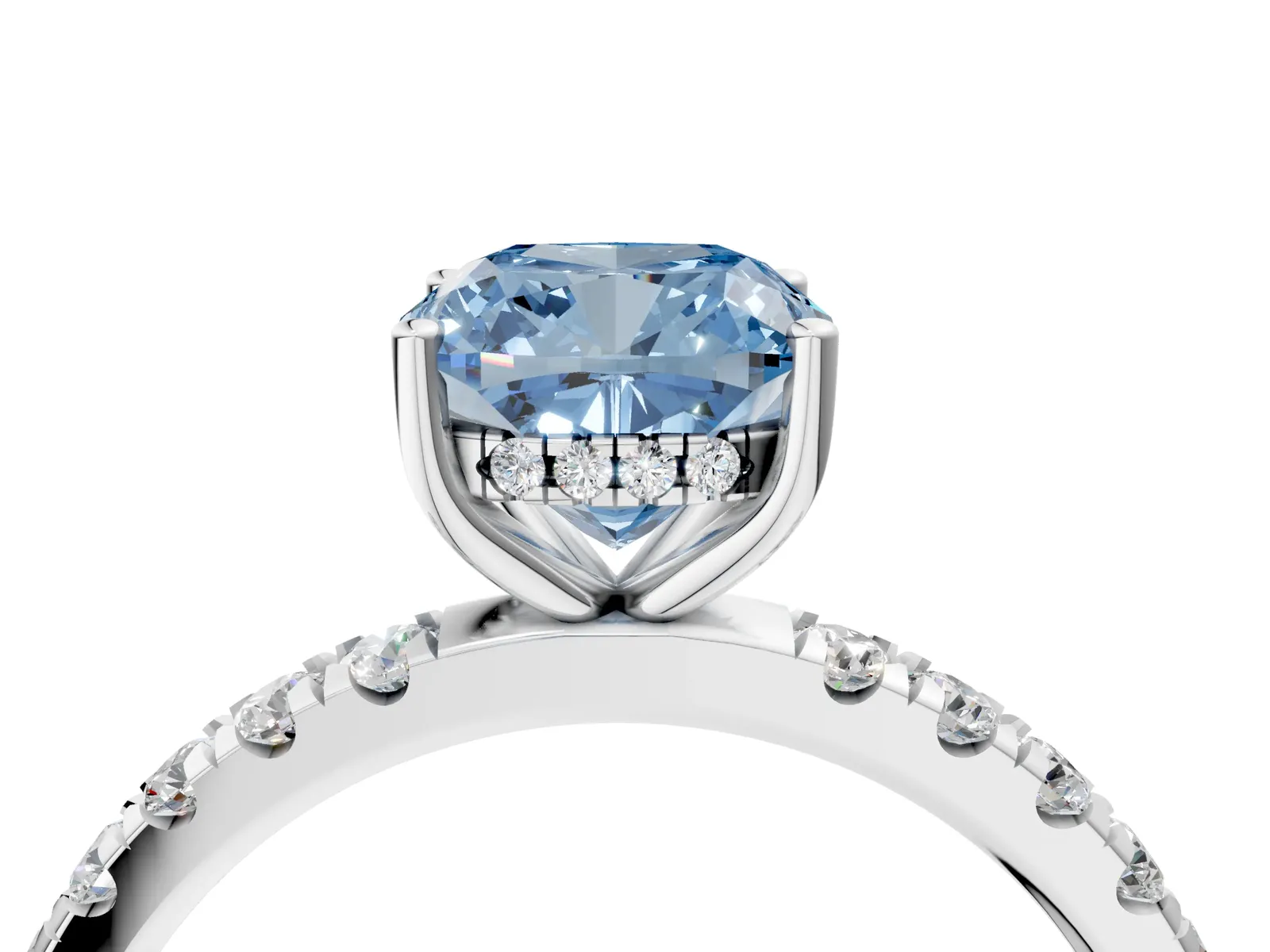 Fancy Blue Cushion Cut Diamond Pave Band Solitaire Ring with Round and Prong Setting Platinum