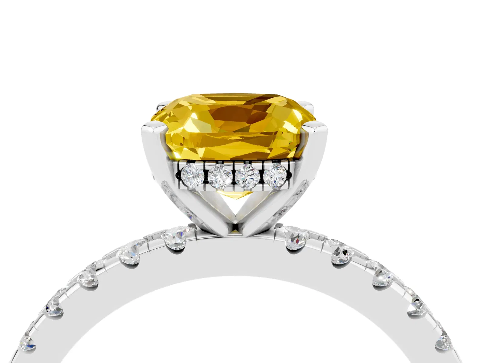 Cushion Cut Yellow Sapphire Solitaire Ring with Round Pavé Band and Four-Prong Setting Platinum