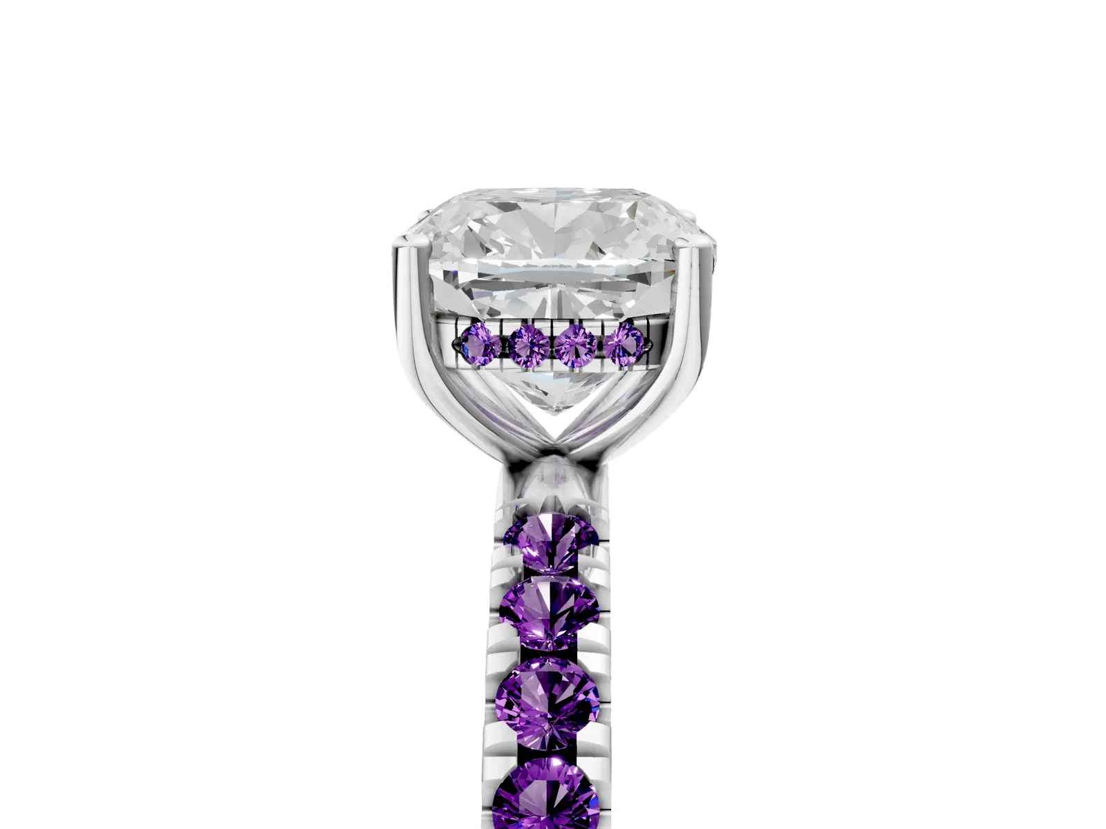 Cushion Cut Diamond Pave Band Solitaire Ring with Round Amethyst and Prong Setting Platinum