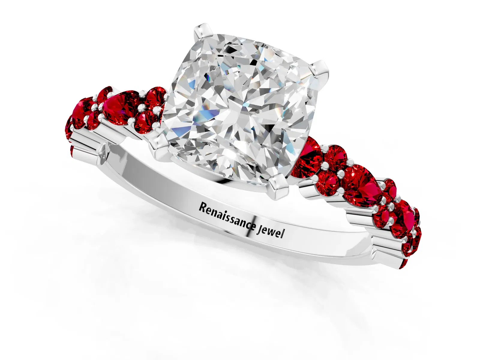 Cushion Cut Diamond Side Stone Solitaire Ring with Round Ruby and Four-Prong Setting Platinum
