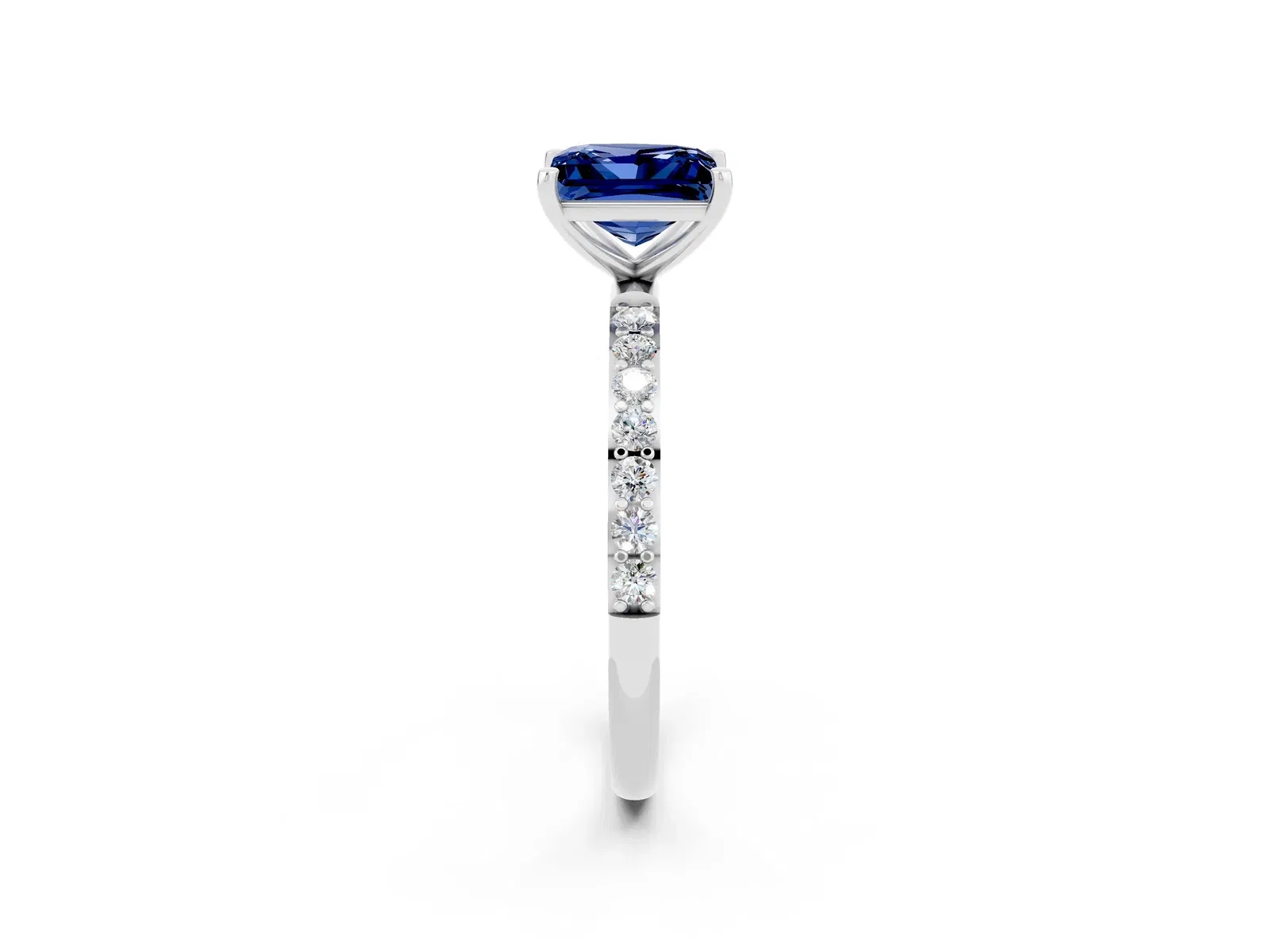 Princess Cut Blue Sapphire Solitaire Ring with Round Pavé Band and Prong Setting Platinum