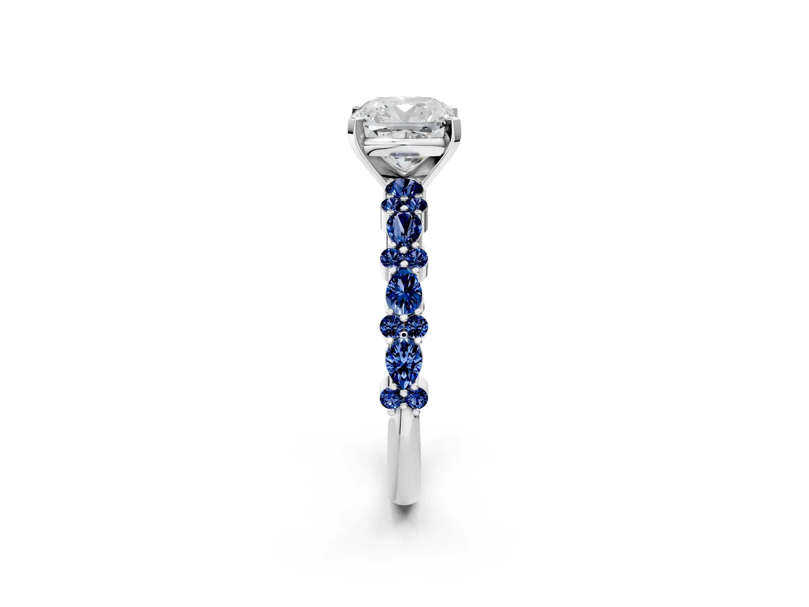 Cushion Cut Diamond Side Stone Solitaire Ring with Round Blue Sapphire and Four-Prong Setting Platinum