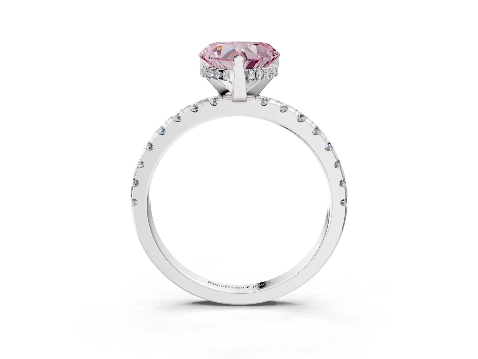 Fancy Pink Heart Cut Diamond Solitaire Ring with Round Pavé Band and Four-Prong Setting Platinum