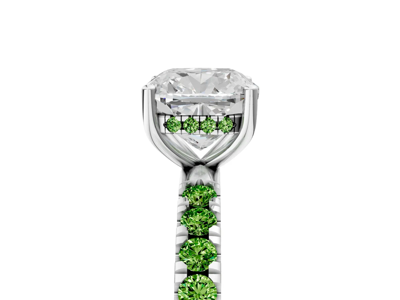 Cushion Cut Diamond Pave Band Solitaire Ring with Round Peridot and Prong Setting Platinum