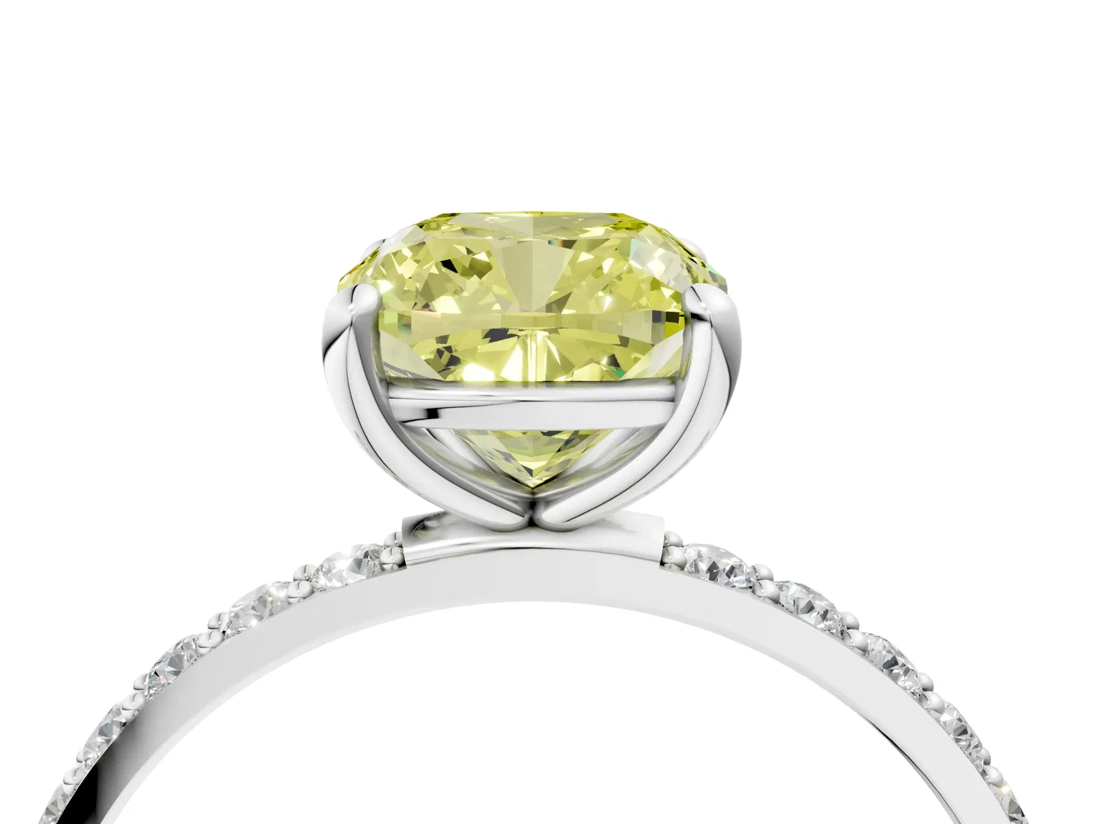 Fancy Yellow Cushion Cut Diamond Solitaire Ring with Round Pavé Band and Prong Setting Platinum