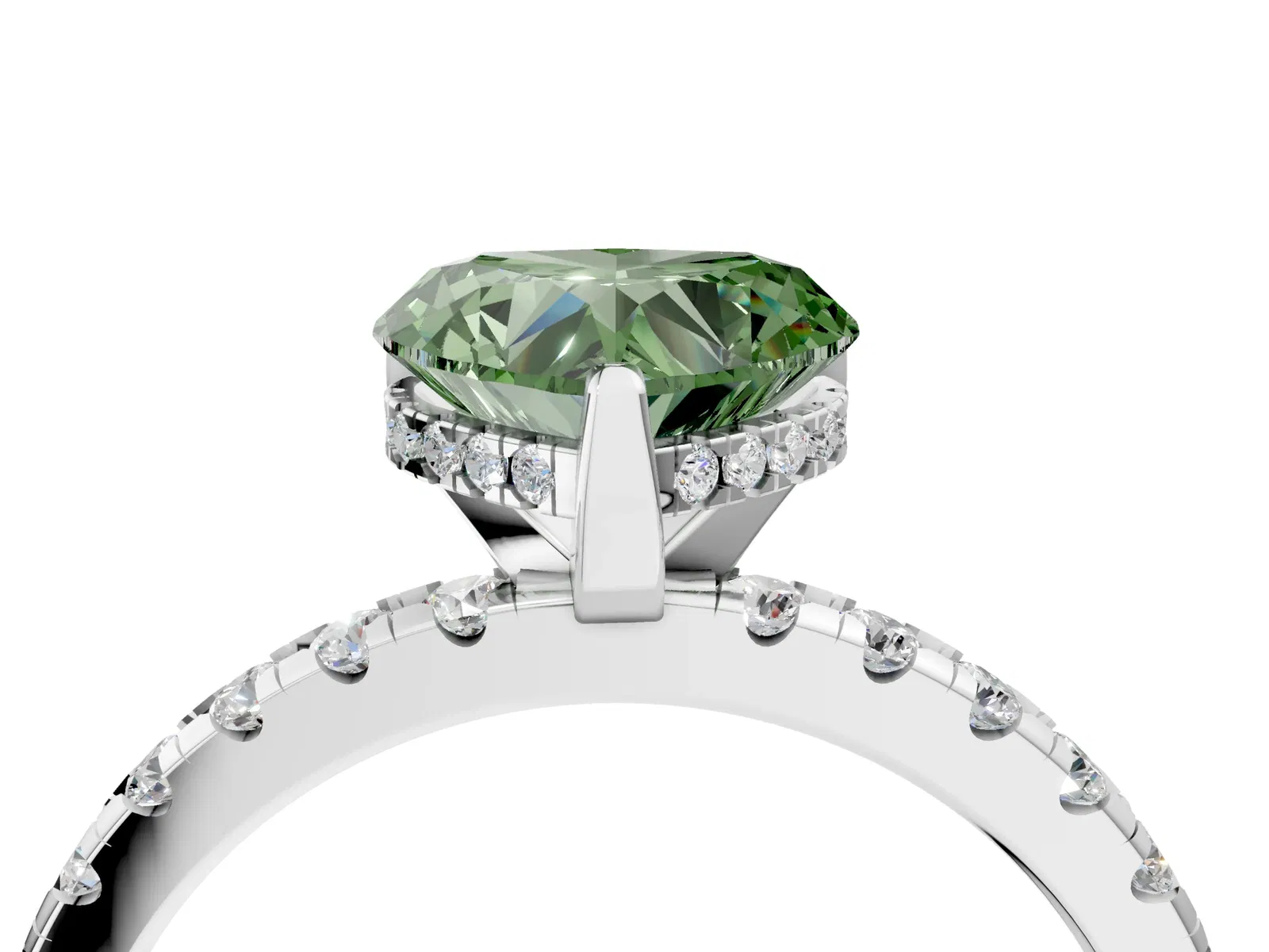 Fancy Green Heart Cut Diamond Solitaire Ring with Round Pavé Band and Four-Prong Setting Platinum