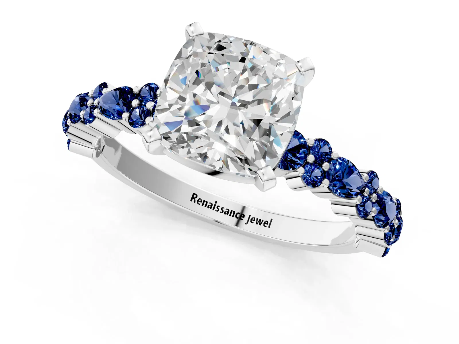 Cushion Cut Diamond Side Stone Solitaire Ring with Round Blue Sapphire and Four-Prong Setting Platinum