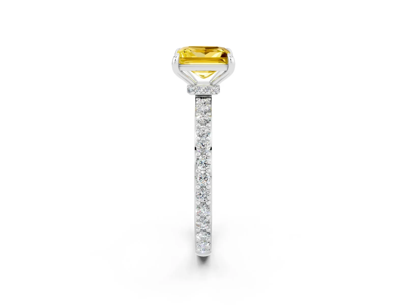 Princess Cut Yellow Sapphire Solitaire Engagement Ring with Pavé Band and Four-Prong Setting Platinum