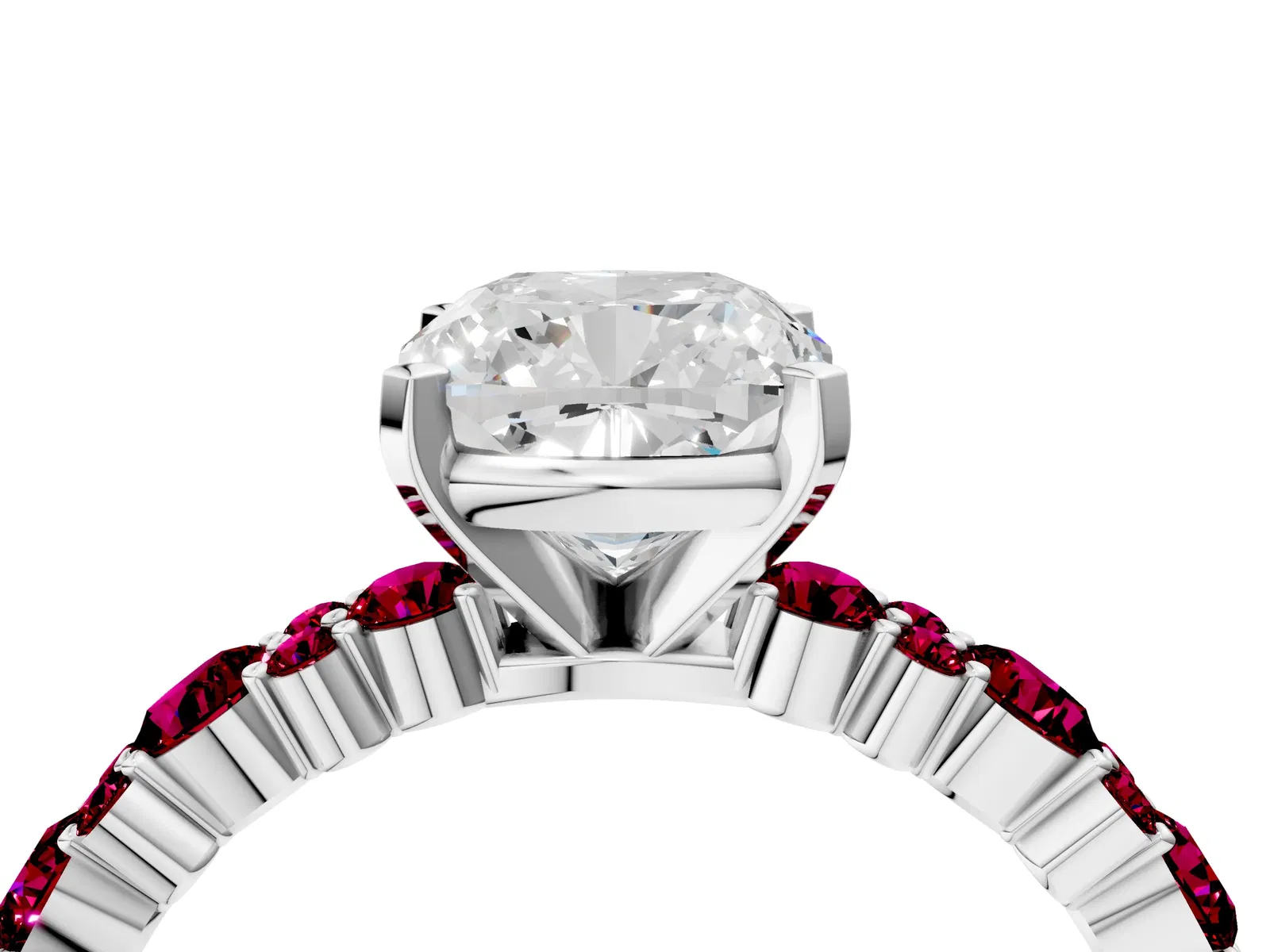 Cushion Cut Diamond Side Stone Solitaire Ring with Round Garnet and Four-Prong Setting Platinum