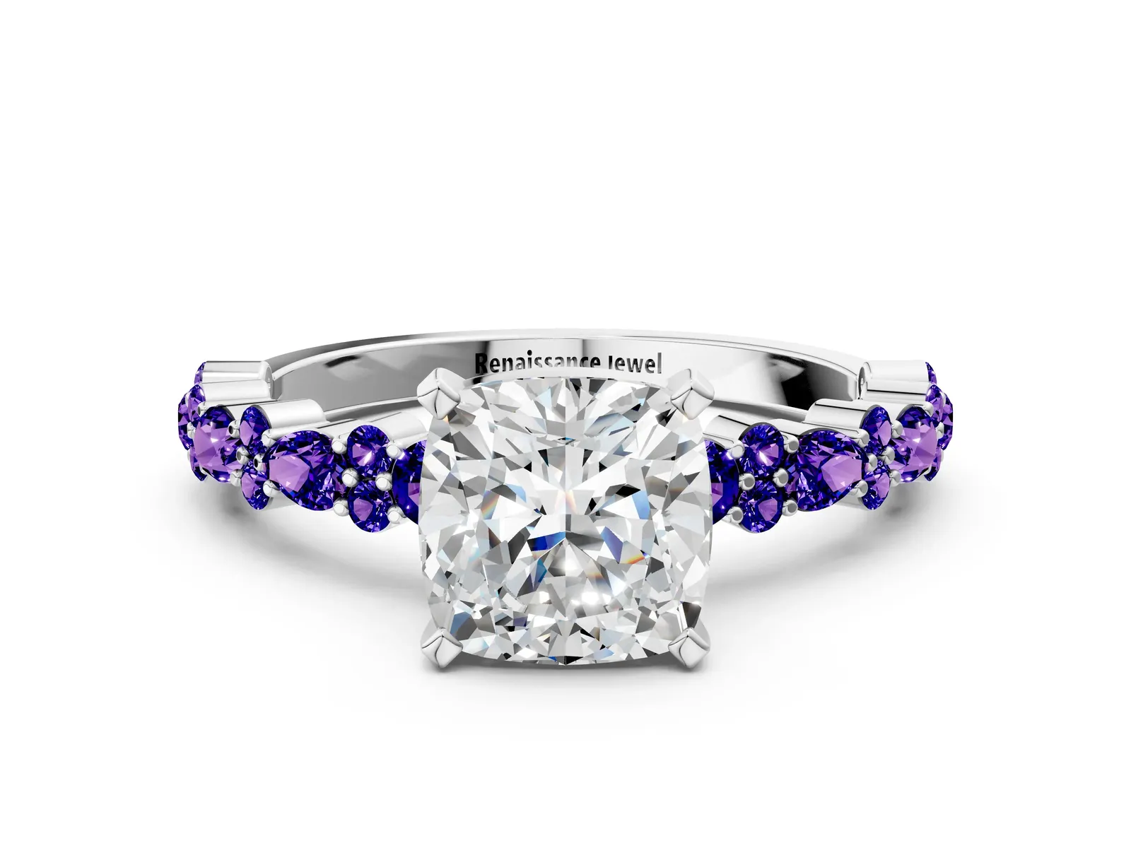 Cushion Cut Diamond Side Stone Solitaire Ring with Round Tanzanite and Four-Prong Setting Platinum