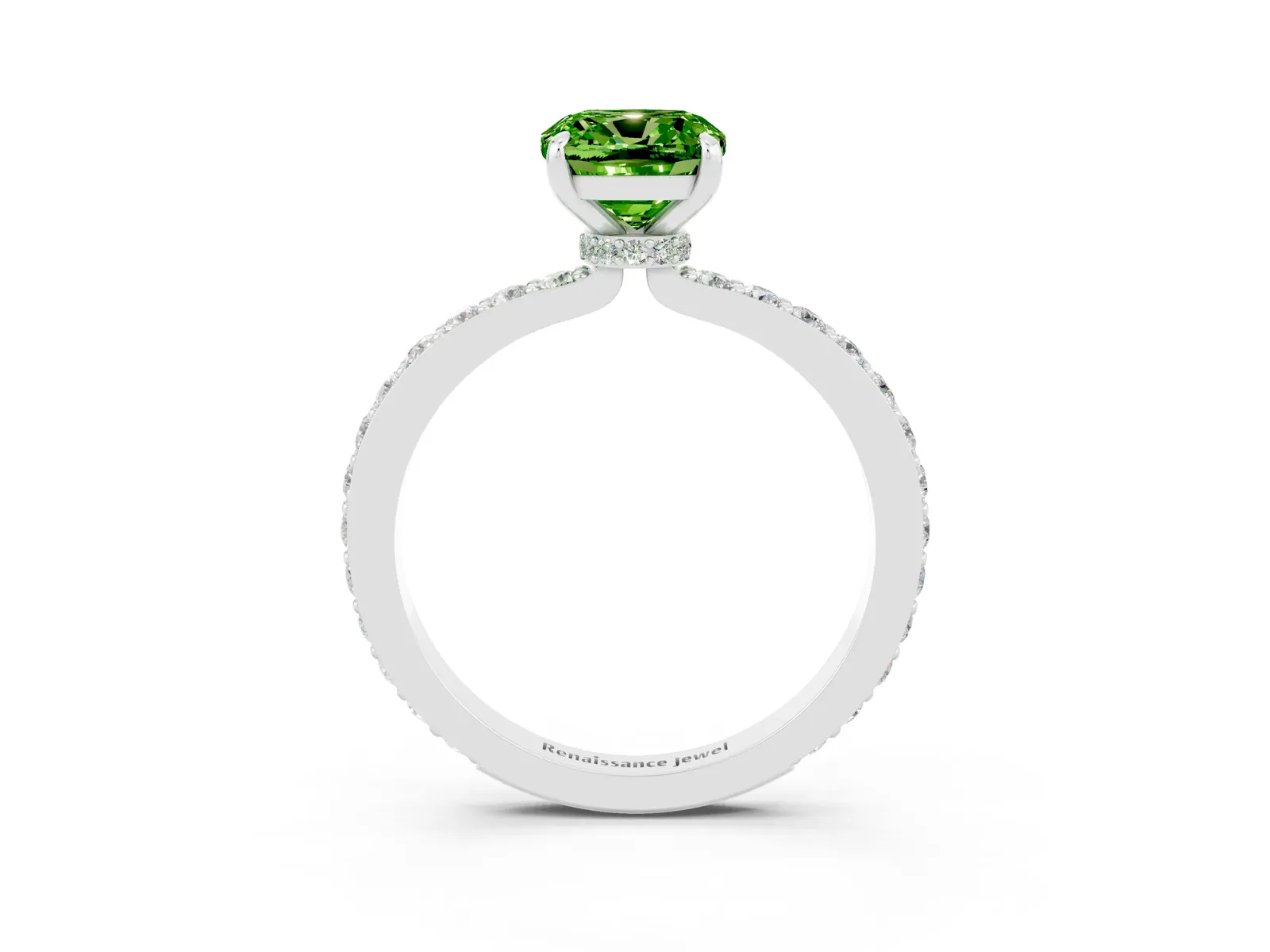 Cushion Cut Peridot Solitaire Engagement Ring with Pavé Band and Four-Prong Setting Platinum