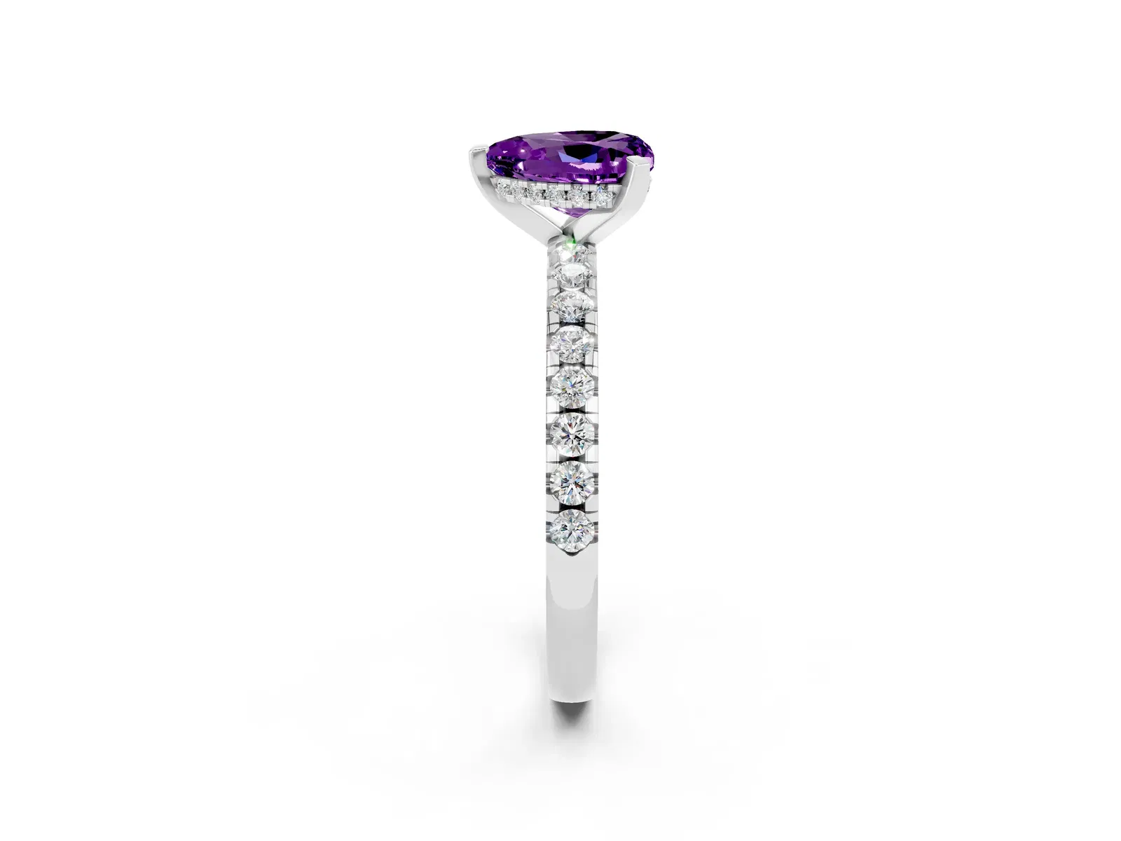Heart Cut Amethyst Solitaire Ring with Round Pavé Band and Four-Prong Setting Platinum