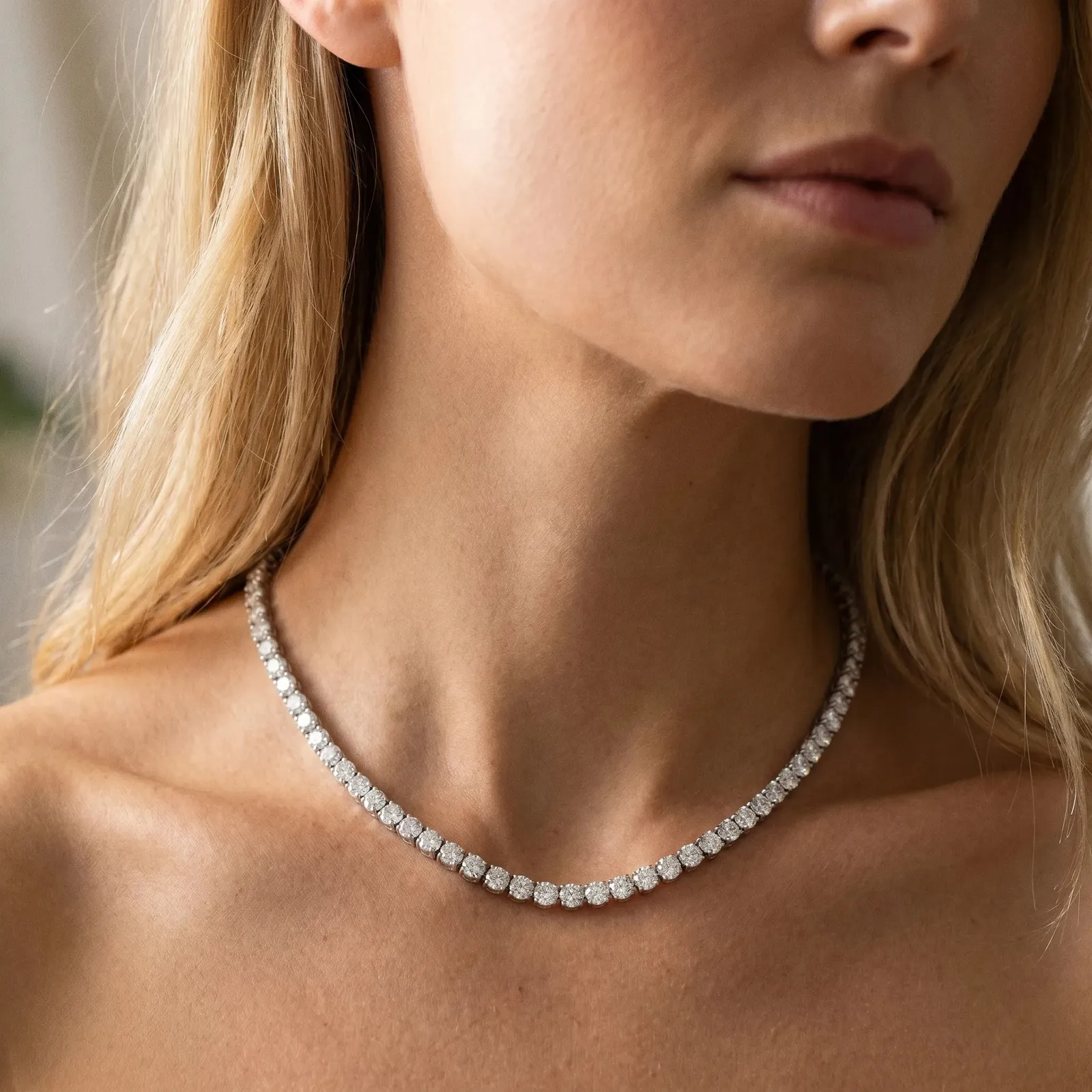 Round Diamond Tennis Necklace with Four-Prong Setting Silver