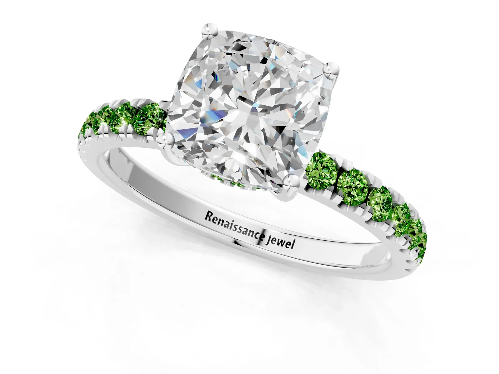 Cushion Cut Diamond Pave Band Solitaire Ring with Round Peridot and Prong Setting Platinum