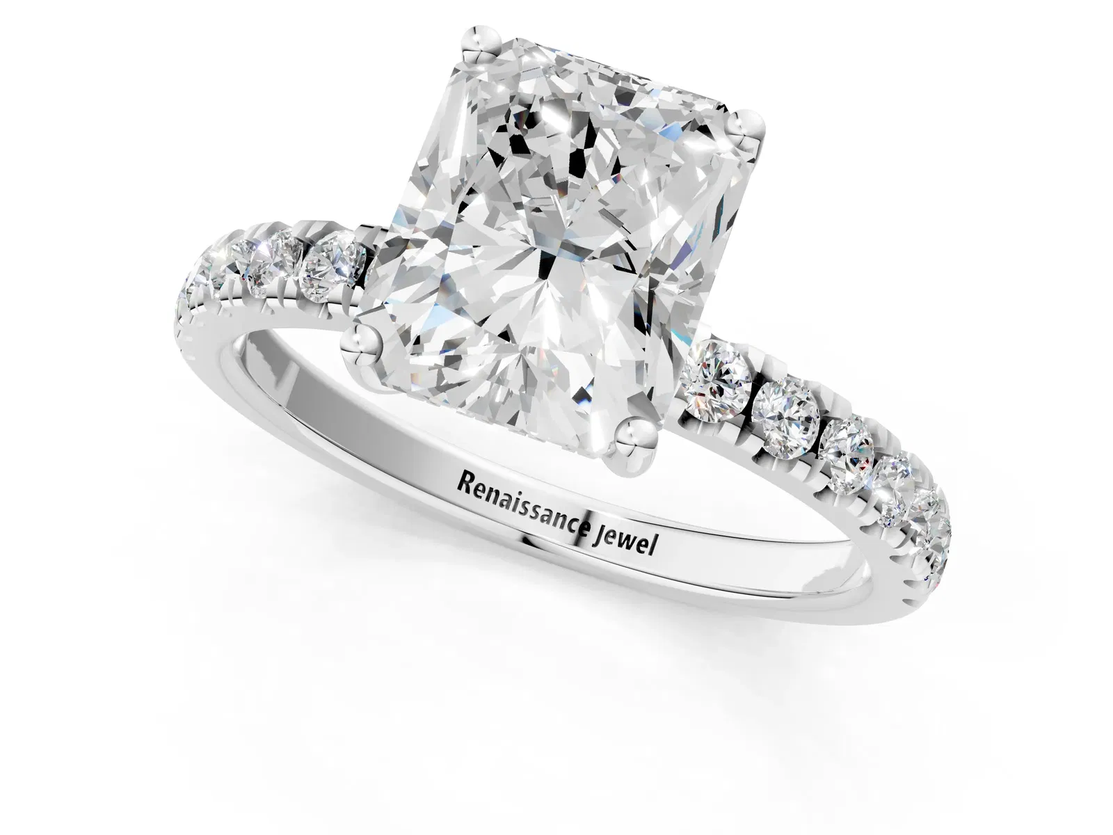 Radiant Cut Diamond Pave Band Solitaire Ring with Round and Prong Setting Platinum