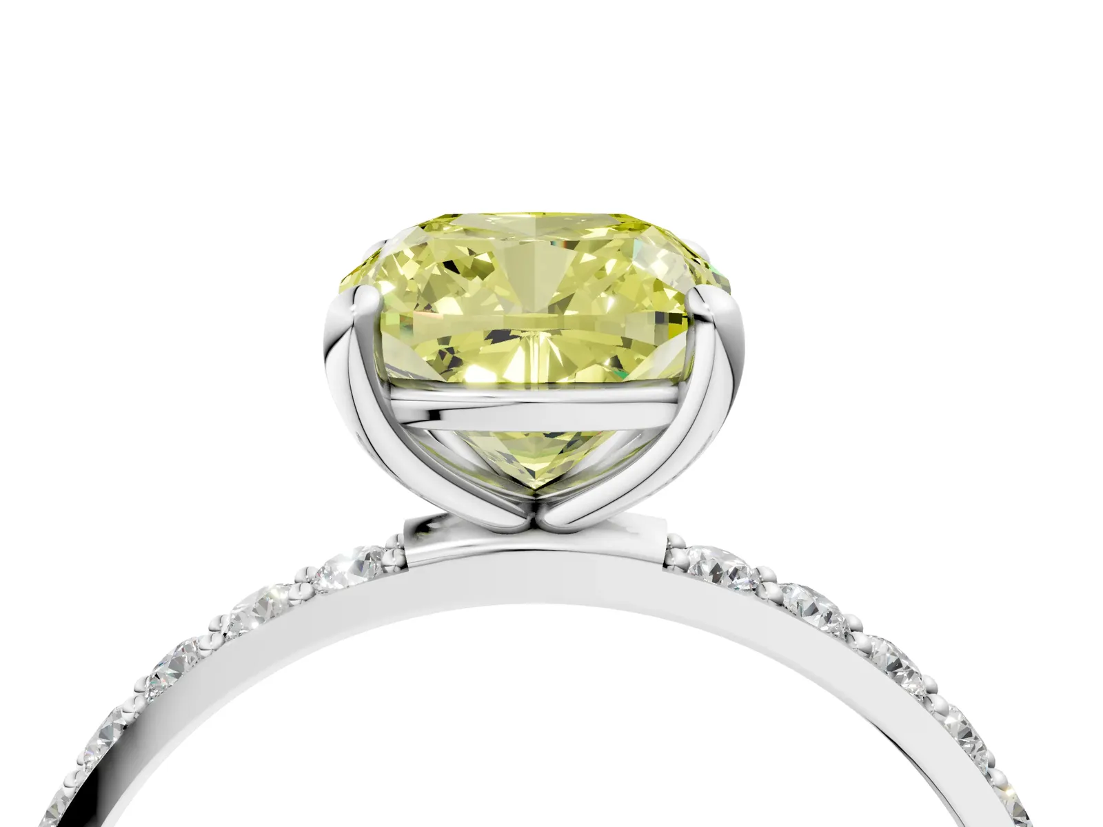 Fancy Yellow Cushion Cut Diamond Solitaire Ring with Round Pavé Band and Prong Setting Platinum