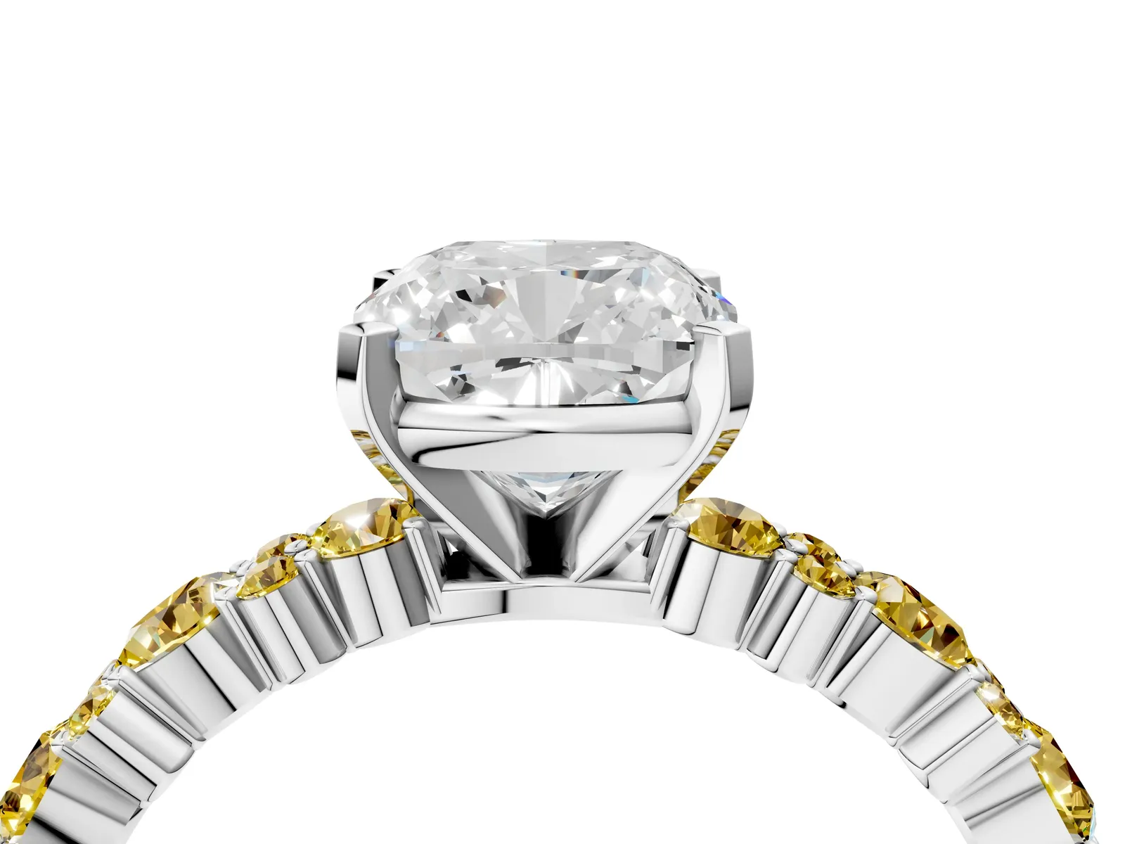 Cushion Cut Diamond Side Stone Solitaire Ring with Round Yellow Sapphire and Four-Prong Setting Platinum