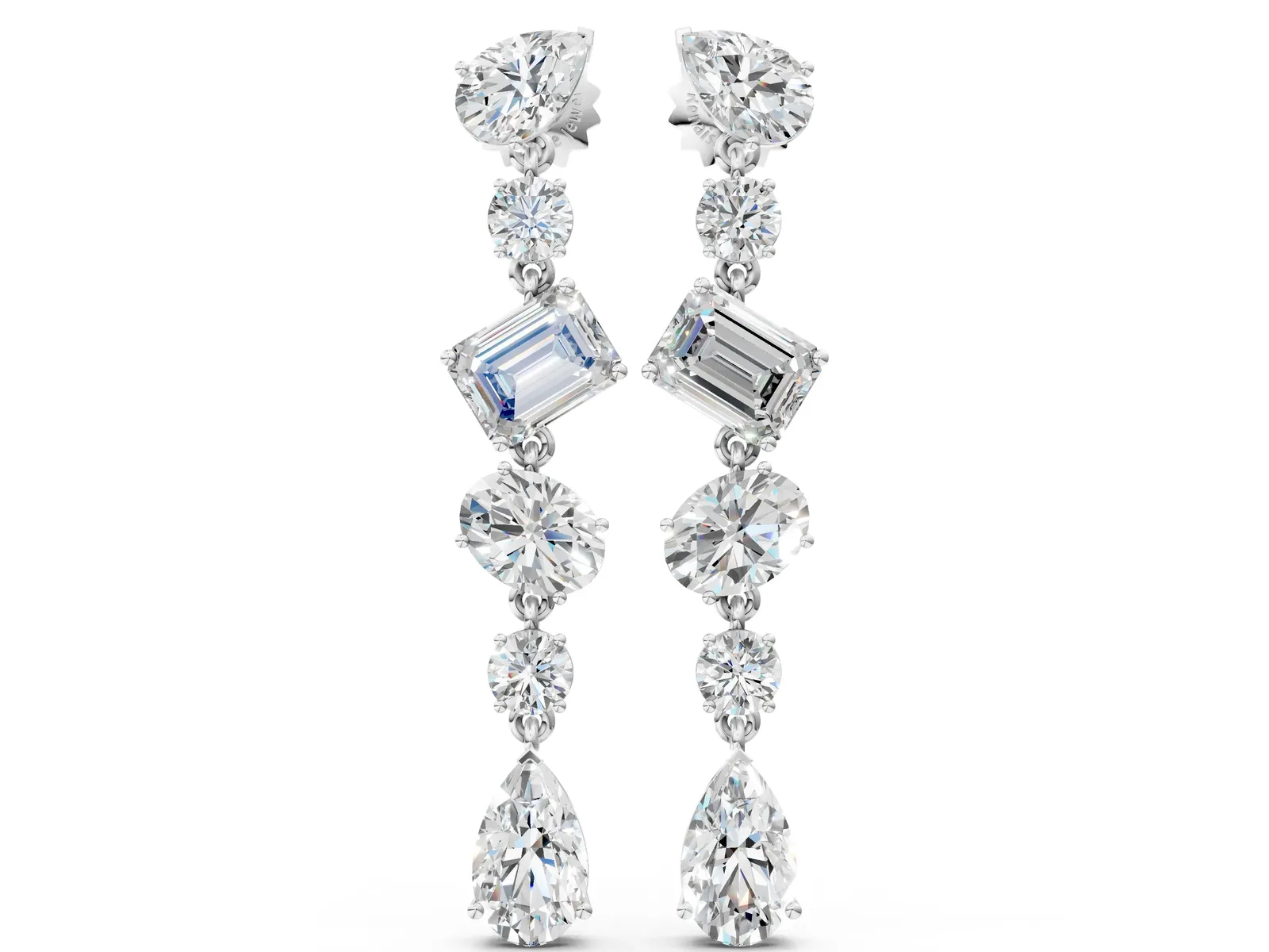 Pear, Oval, Emerald and Round Diamond Waterfall Drop Earrings Silver