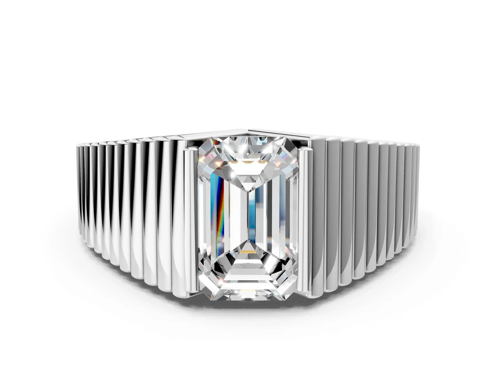 Emerald Cut Diamond Fluted Mens Ring Platinum