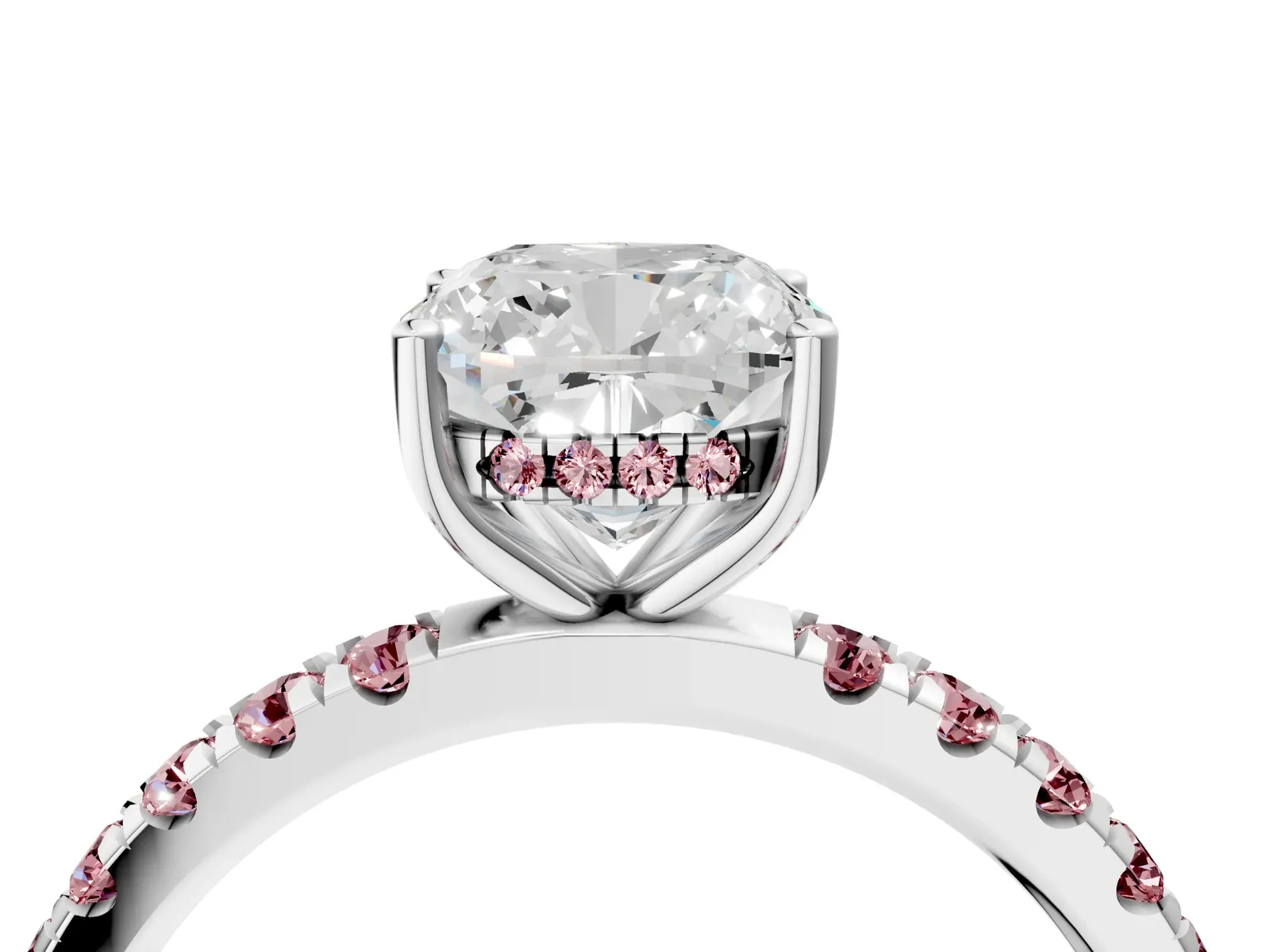 Cushion Cut Diamond Pave Band Solitaire Ring with Round Morganite and Prong Setting Platinum
