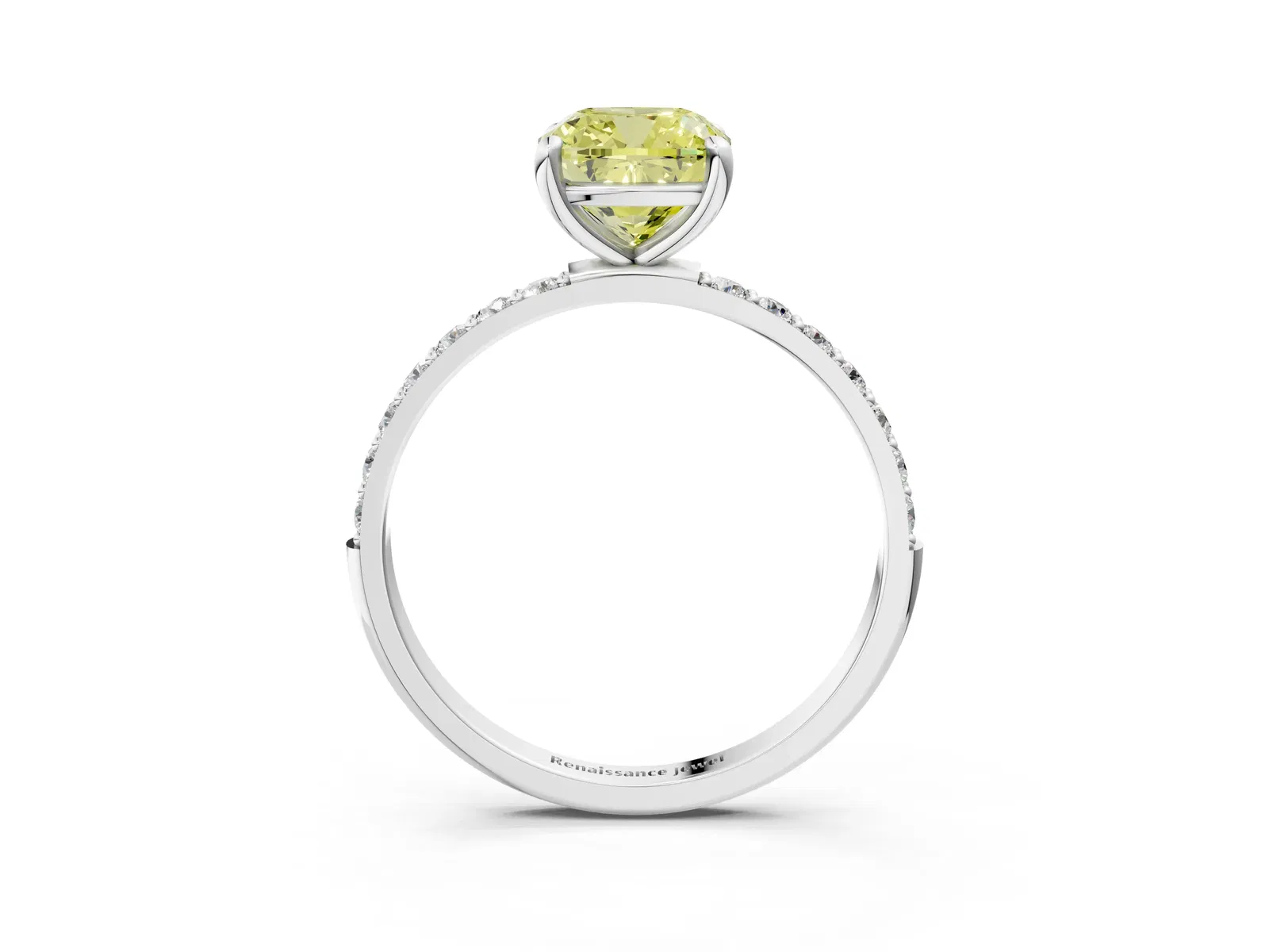 Fancy Yellow Cushion Cut Diamond Solitaire Ring with Round Pavé Band and Prong Setting Platinum