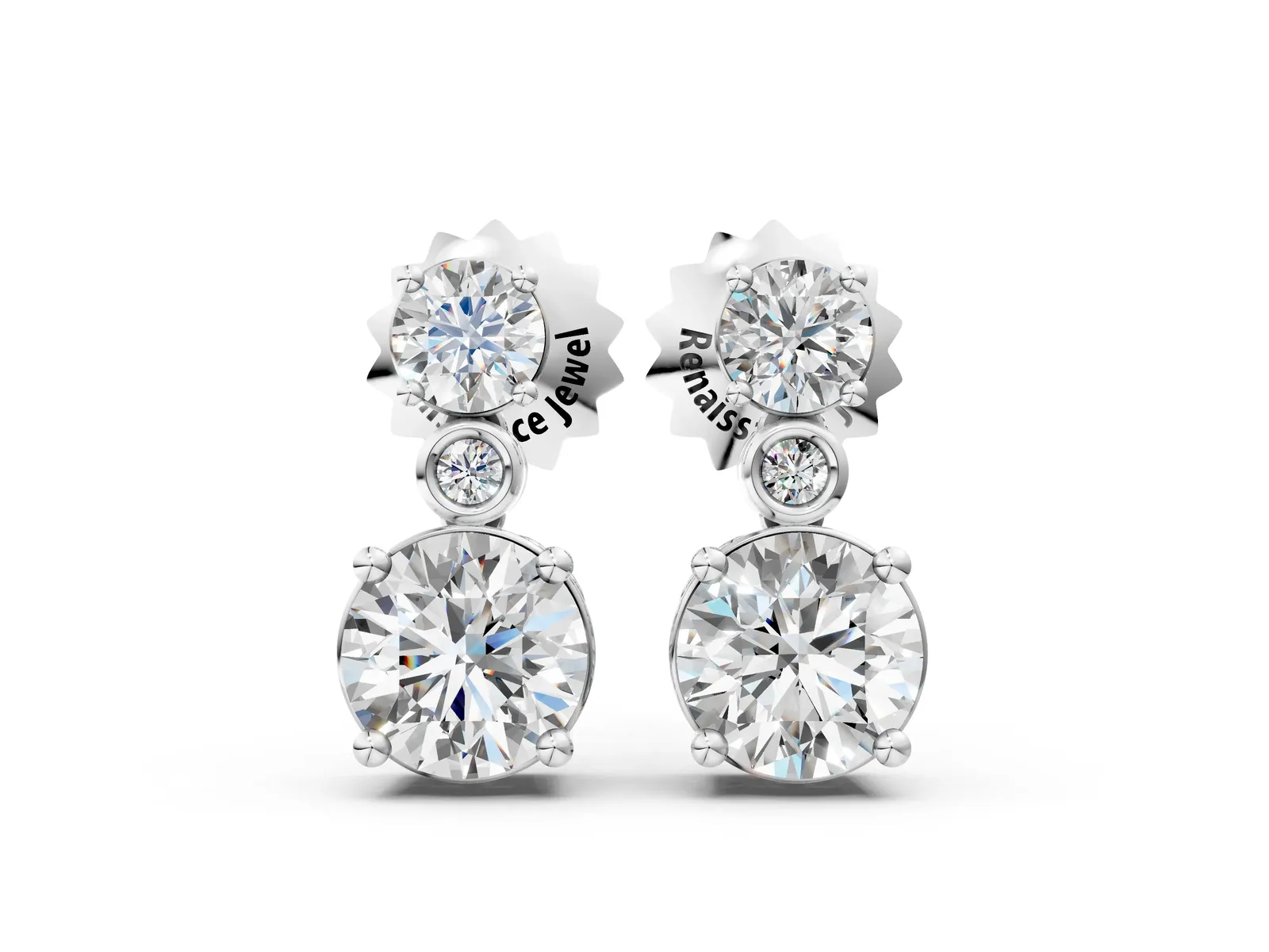 Round Diamond Two Stone Drop Earrings with Bezel Diamond Accent Silver