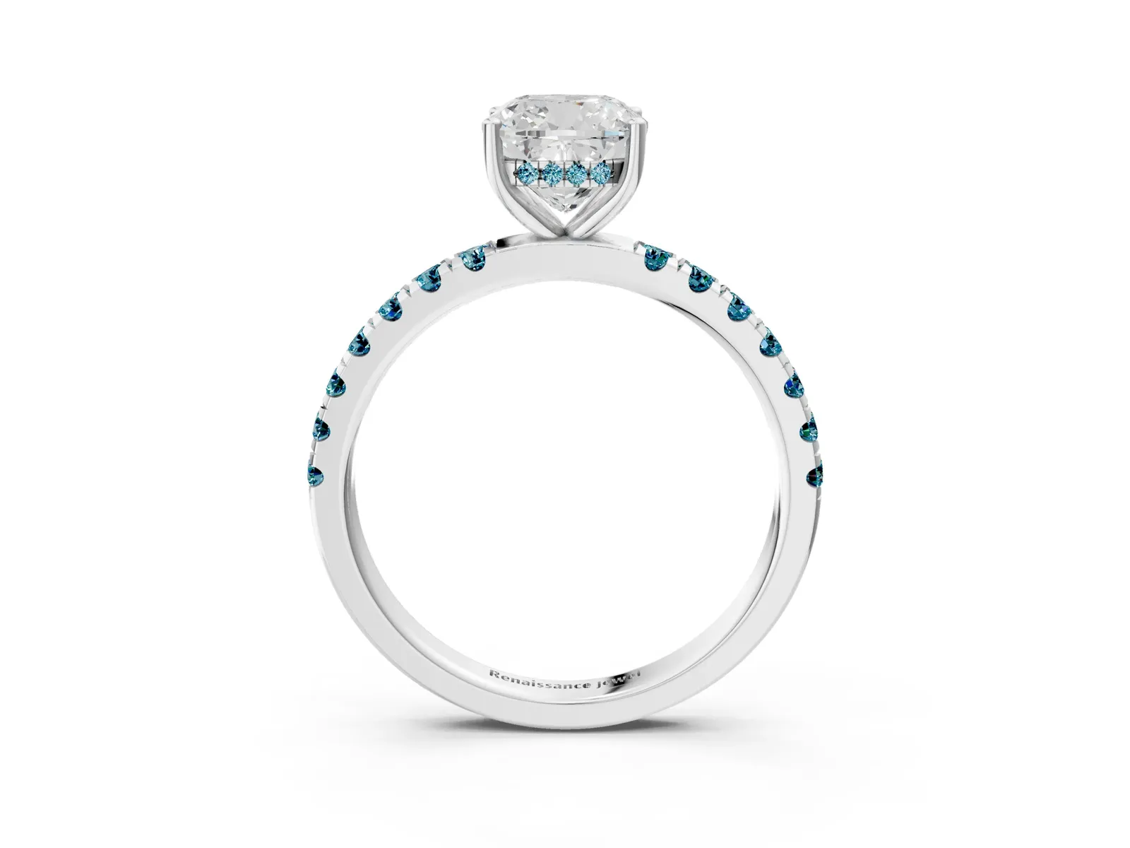 Cushion Cut Diamond Pave Band Solitaire Ring with Round Blue Topaz and Prong Setting Platinum
