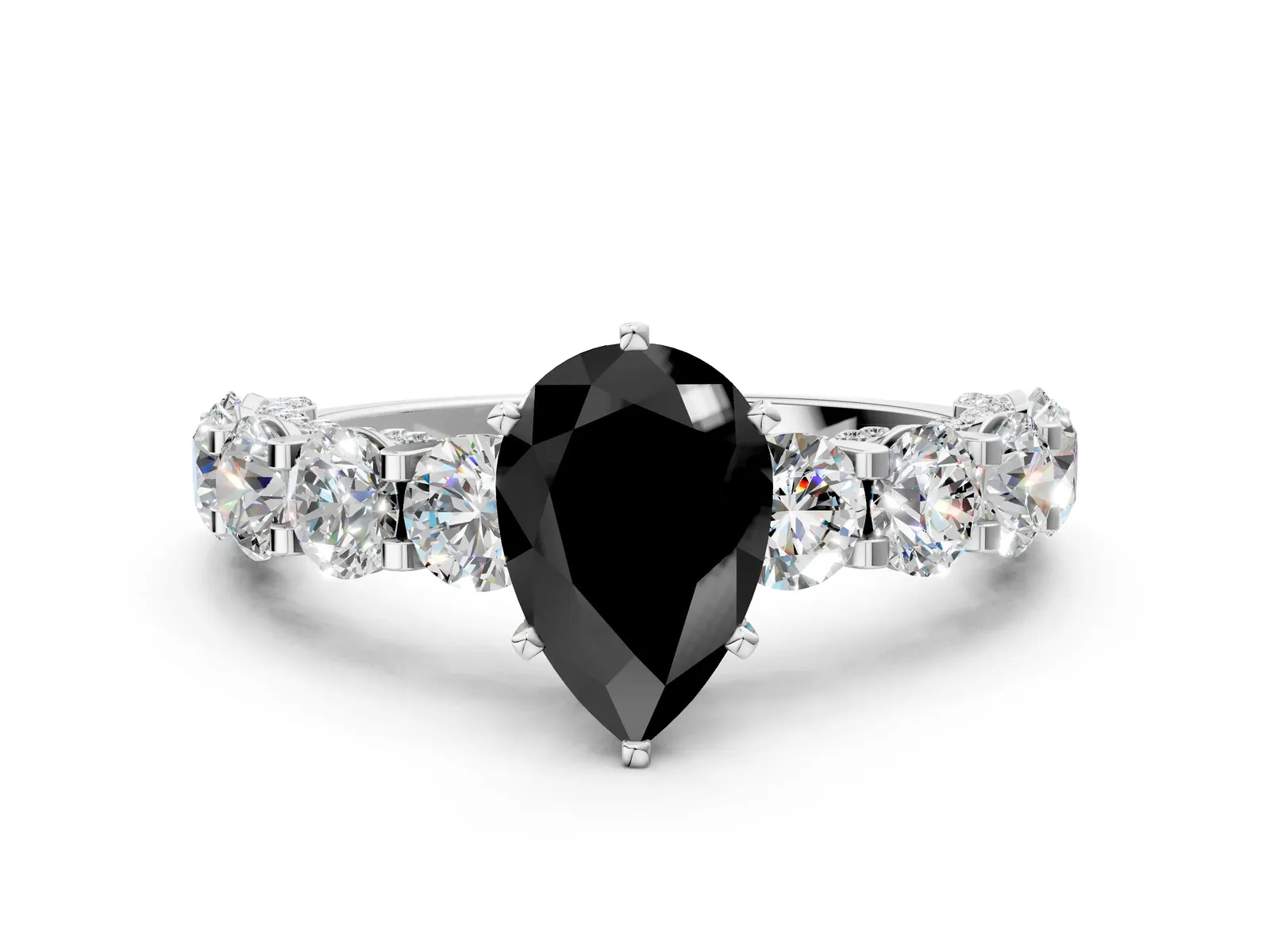 Fancy Black Pear Cut Diamond Side Stone Engagement Ring with Four-Prong Setting White gold