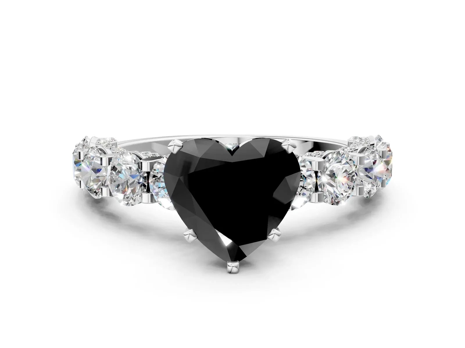 Fancy Black Heart Cut Diamond Side Stone Engagement Ring with Four-Prong Setting White gold