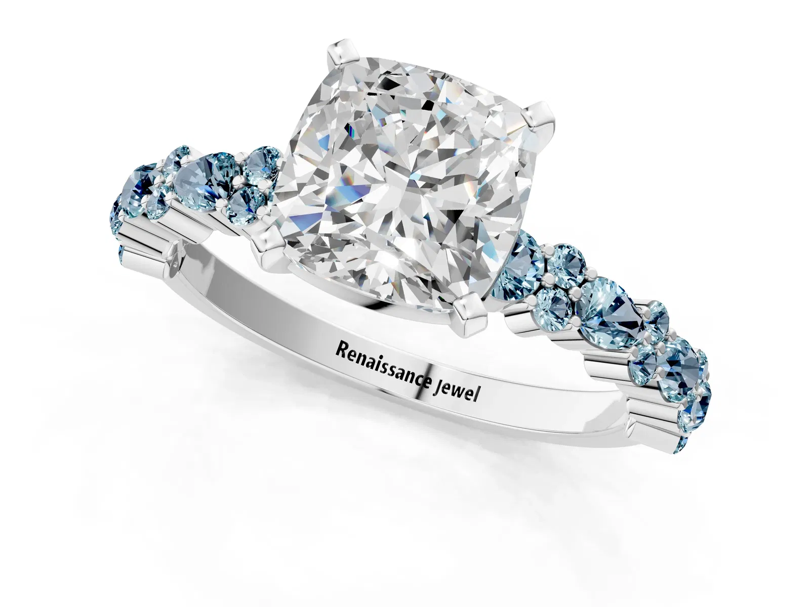 Cushion Cut Diamond Side Stone Solitaire Ring with Round Aquamarine and Four-Prong Setting Platinum