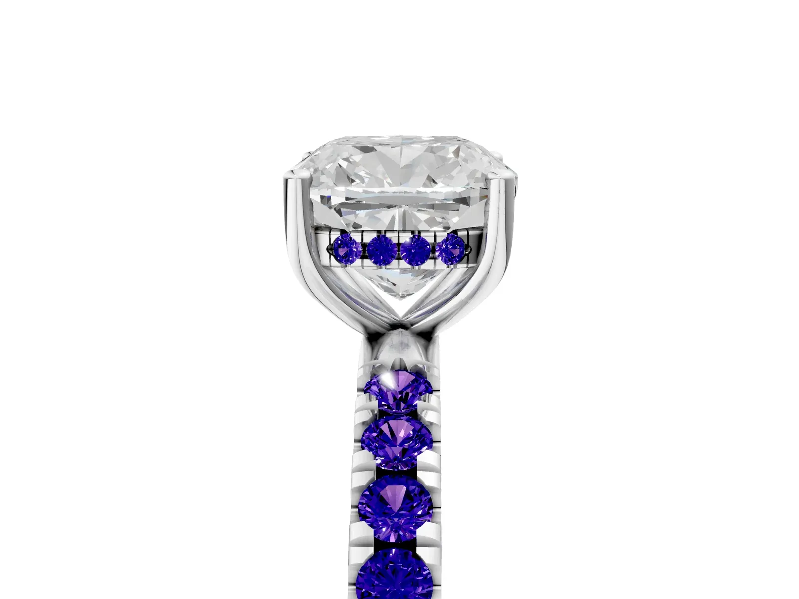 Cushion Cut Diamond Pave Band Solitaire Ring with Round Tanzanite and Prong Setting Platinum